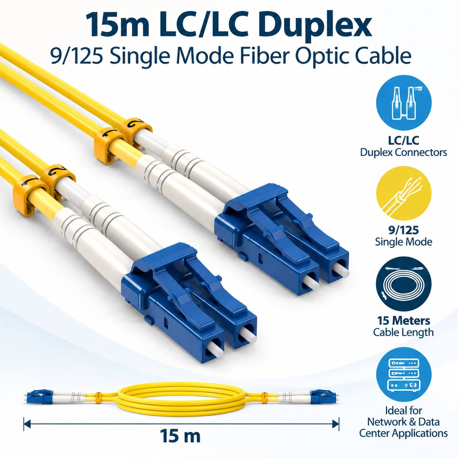 15m LC/LC Duplex 9/125 Single Mode Fiber Optic Cable

LC/LC Duplex Connectors

9/125 Single Mode

15 Meters Cable Length

Ideal for Network & Data Center Applications