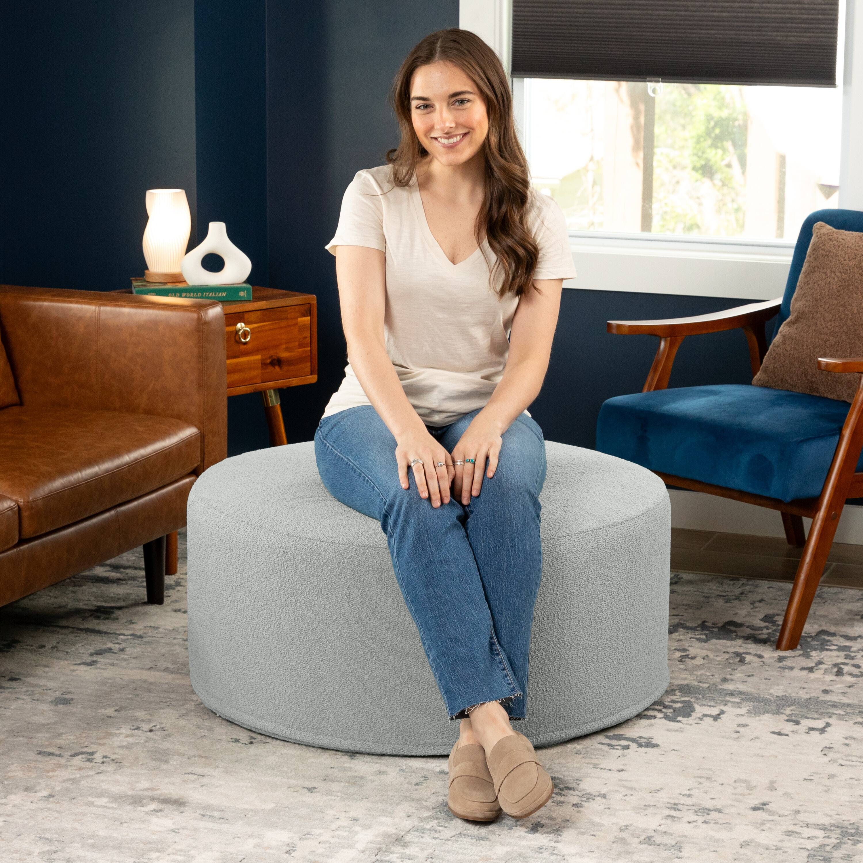 Left. Jaxx - Jaxx Candler Round Couch Oversized Giant Coffee Table Ottoman, Kid Safe with Removable Cover, Boucle Silver - Boucle Silver.