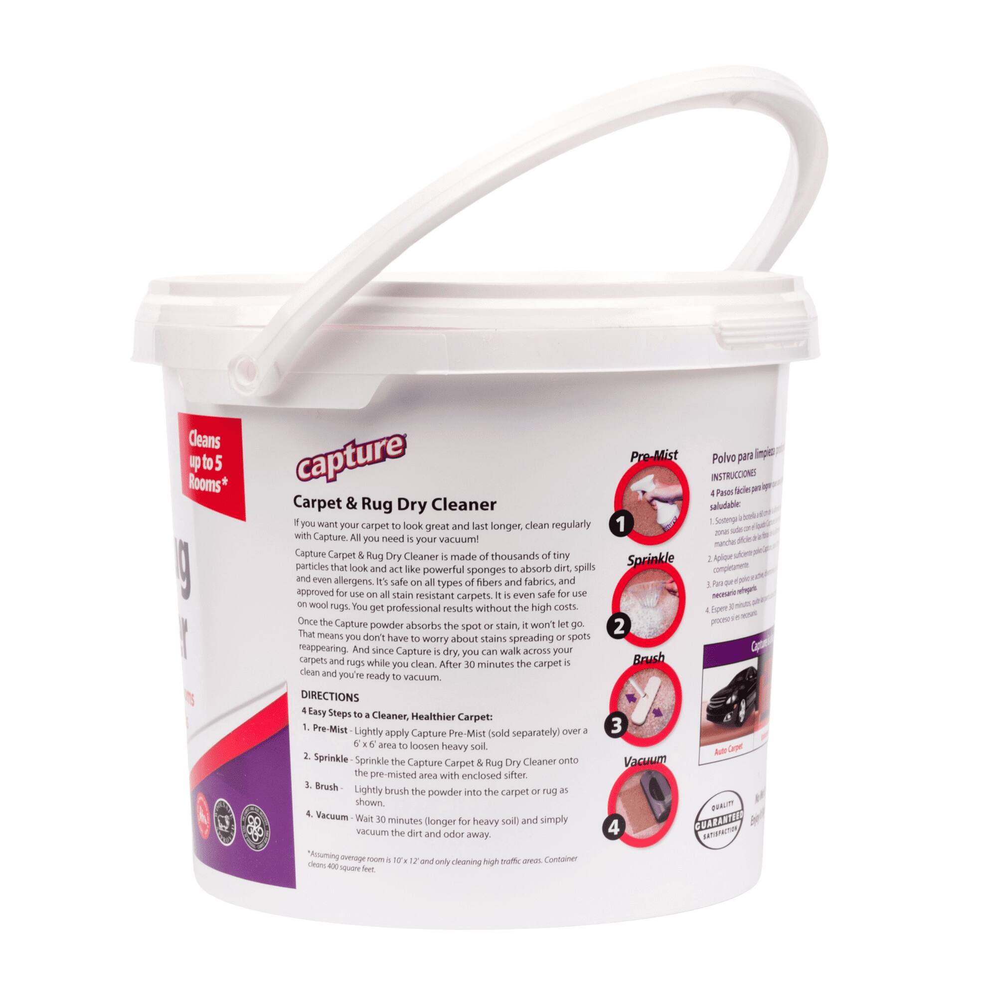 **Capture Carpet & Rug Dry Cleaner**

Cleans up to 5 Rooms*

If you want your carpet to look great and last longer, clean regularly with Capture. All you need is your vacuum!

Capture Carpet & Rug Dry Cleaner is made of thousands of tiny particles that look and act like powerful sponges to absorb dirt, spills, and even allergens. It's safe on all types of fibers and fabrics, and costs less than the high costs of professional cleaning. It's even safe for use on stain-resistant carpets and wool rugs.

Once Capture powder absorbs the stain, it won't go anywhere. That means you don't have to worry about stains spreading or reappearing. And since Capture Carpet & Rug Dry Cleaner is dry, you can walk across your carpets and rugs while you clean. After 30 minutes, the carpet is clean and you're ready to vacuum.

**Directions: 4 Easy Steps to a Cleaner, Healthier Carpet**

1. Pre-Mist: Lightly apply Capture Pre-Mist (sold separately) over the area to loosen heavy soil.
2. Sprinkle: Sprinkle the Capture Carpet & Rug Dry Cleaner onto the pre-misted area with the enclosed sifter.
3. Brush: Lightly brush the powder into the carpet