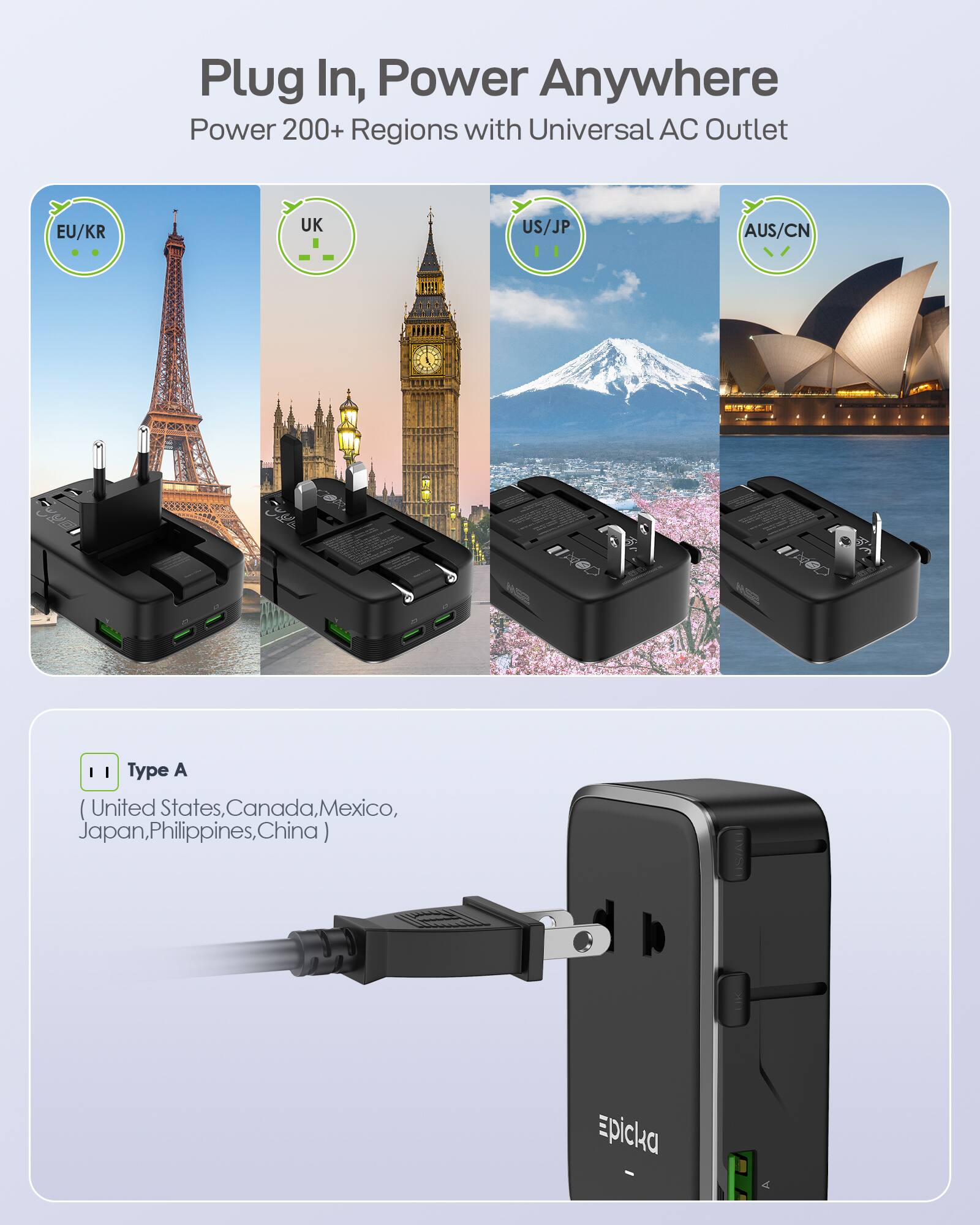 Plug In, Power Anywhere  
Power 200+ Regions with Universal AC Outlet  

EU/KR  
UK  
US/JP  
AUS/CN  

Type A  
(United States, Canada, Mexico, Japan, Philippines, China)  

Epicka