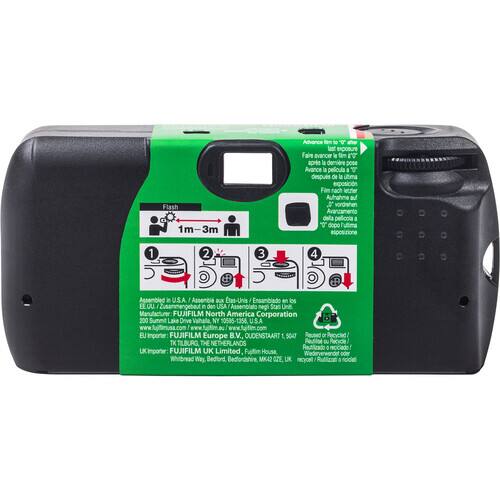 Sure, here is the corrected and grouped text from the image:

---

**Flash 1m-3m**

1. **Advance film to last exposure**
   - Faire avancer le film après la dernière pose
   - Avanza la película después de la última exposición
   - Fim nach letzter Exposition vorziehen
   - Avanzamento della pellicola dopo l'ultima esposizione

2. **Assembled in U.S.A.**
   - Assemble aux États-Unis
   - Ensamblado en los EE.UU.
   - in den USA
   - Assemblato negli Stati Uniti

3. **Manufacturer: FUJIFILM North America Corporation**
   - 200 Summit Lake Drive, NY 10585-1356, U.S.A.

4. **Importer: FUJIFILM Europe B.V.**
   - OUDENSTAART 1, 5000 TILBURG, THE NETHERLANDS

5. **Importer: FUJIFILM UK Limited**
   - Fajtir House, Whitbread Way, Bedfordshire, MK42 0ZE