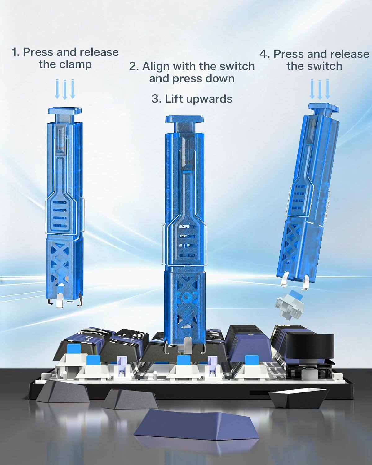 1. Press and release the clamp
2. Align with the switch and press down
3. Lift upwards
4. Press and release the switch