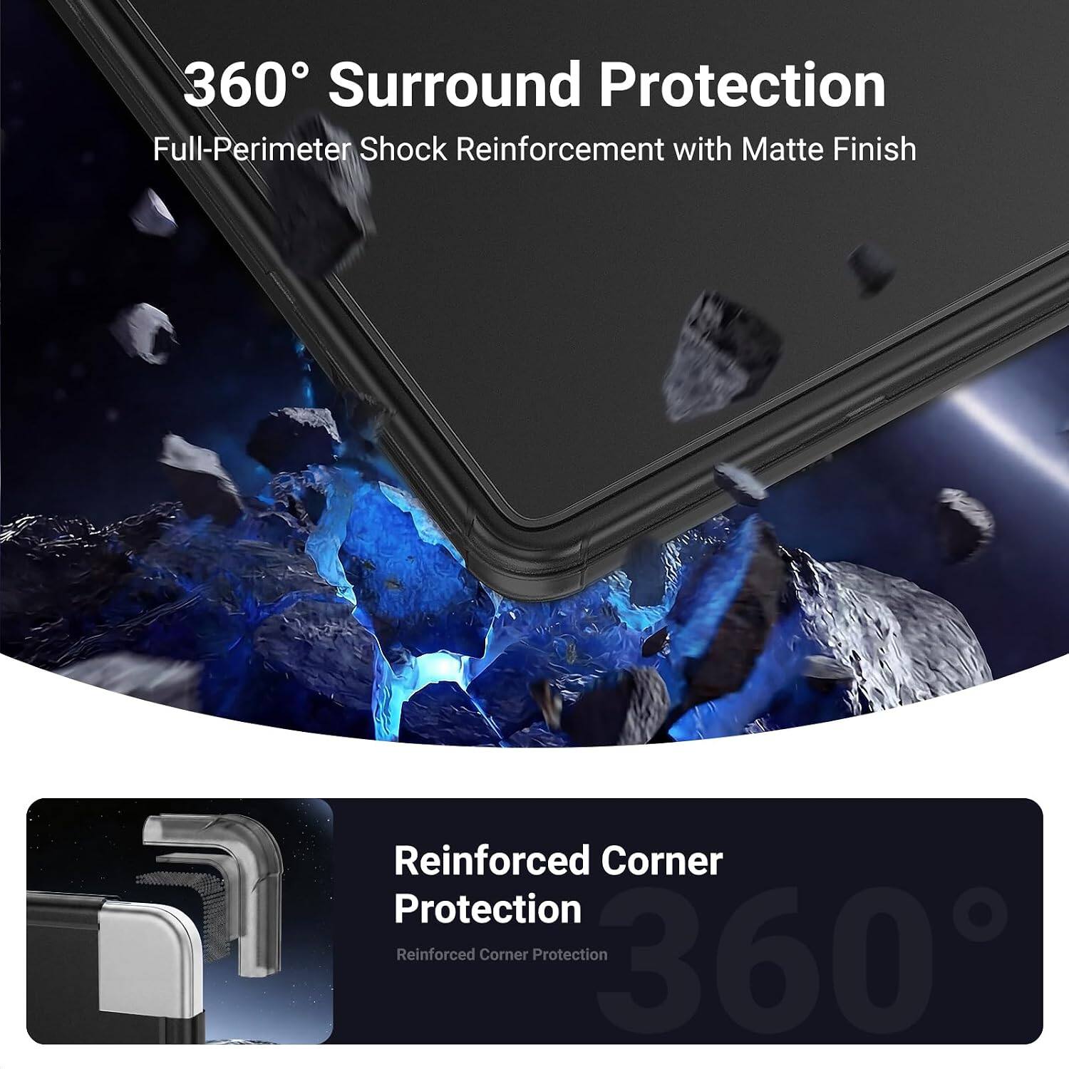 360° Surround Protection  
Full-Perimeter Shock Reinforcement with Matte Finish  
Reinforced Corner Protection  
360°