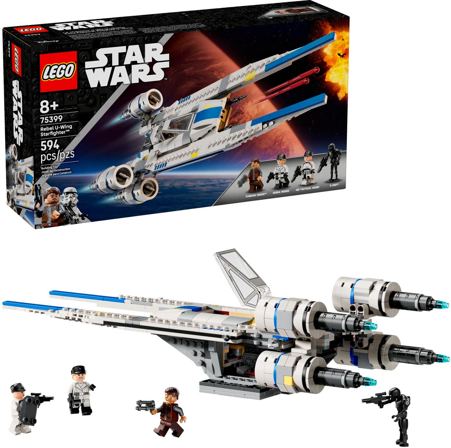 The image features a Lego Star Wars set, which includes a Starfighter Rebel U-Wing and a space station. The set is designed for children aged 8 and above and contains 594 pieces. The U-Wing is a white and blue spaceship, and the space station is a large structure with a red planet in the background. The set also comes with a few action figures, including a stormtrooper and a rebel pilot. The Lego Star Wars set is a fun and engaging toy for fans of the Star Wars franchise.