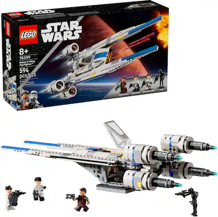 The image features a Lego Star Wars set, which includes a Starfighter Rebel U-Wing and a space station. The set is designed for children aged 8 and above and contains 594 pieces. The U-Wing is a white and blue spaceship, and the space station is a large structure with a red planet in the background. The set also comes with a few action figures, including a stormtrooper and a rebel pilot. The Lego Star Wars set is a fun and engaging toy for fans of the Star Wars franchise.
