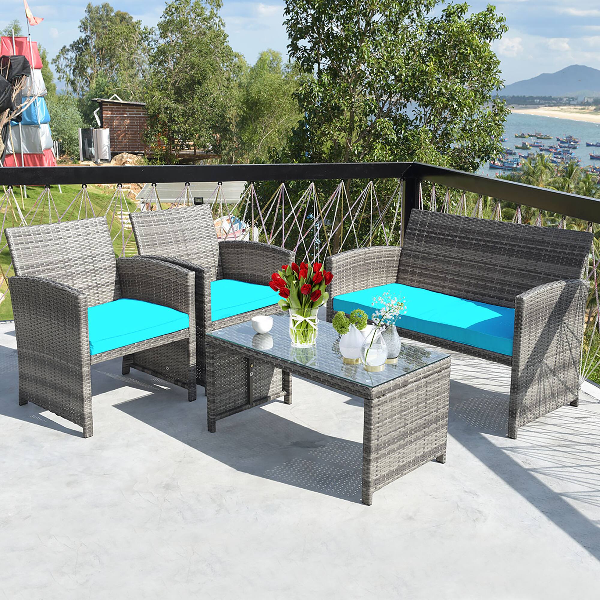 Alt View 1. Costway - Costway 4PCS Patio Rattan Furniture Set Conversation Glass Table Top Cushioned Sofa Outdoor - Turquoise.