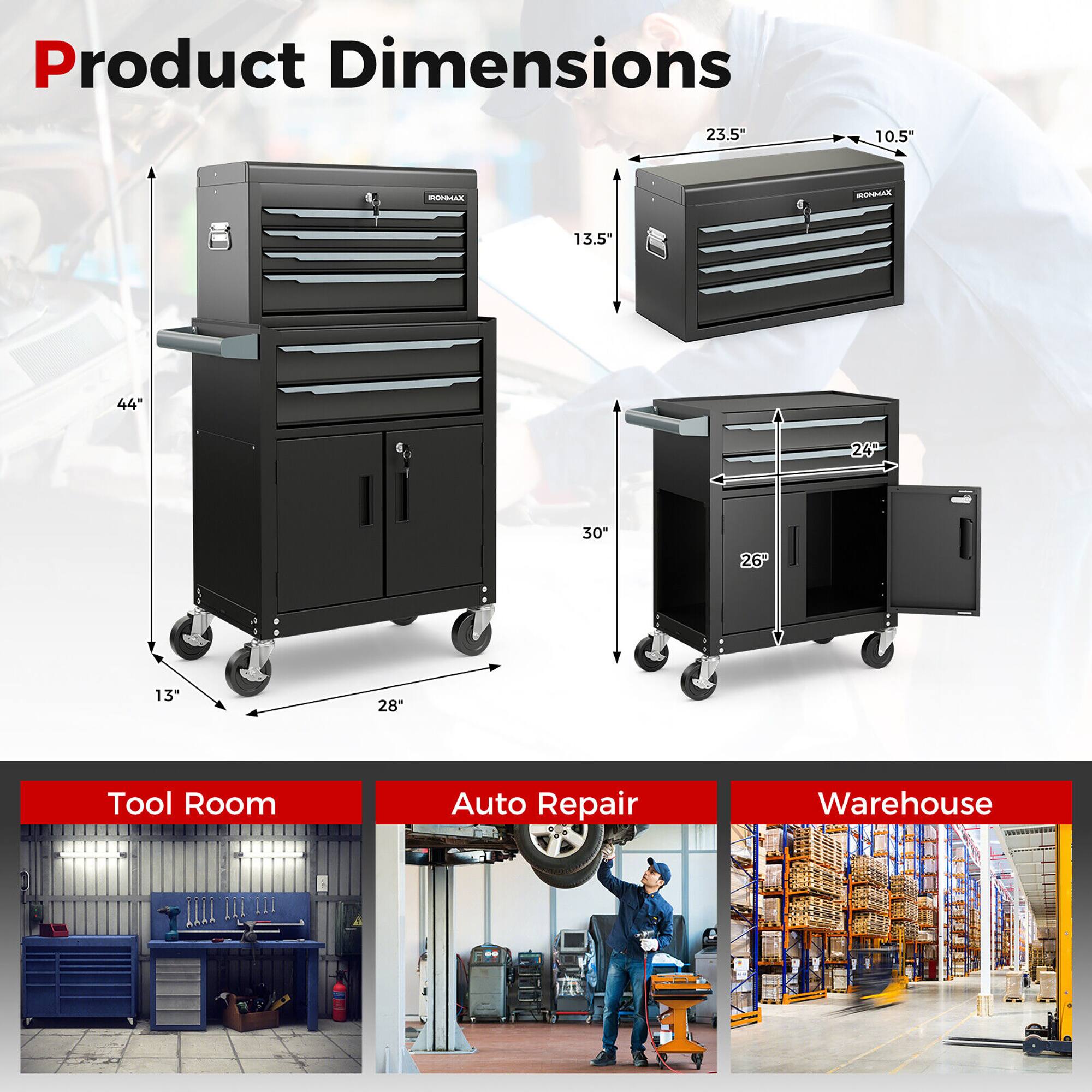 Product Dimensions

- 23.5" x 10.5" x 44"
- 13.5" x 24" x 30"
- 13" x 28"

Tool Room

Auto Repair

Warehouse