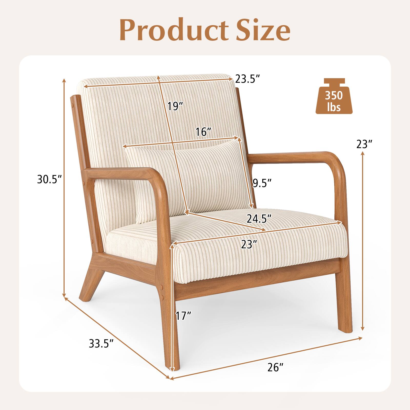 Product Size  
19" x 23.5" x 350 lbs  
16" x 23" x 30.5"  
9.5" x 24.5" x 23"  
17" x 33.5" x 26"