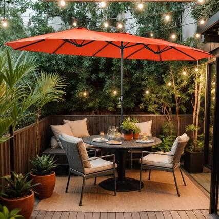 Front. Kadyn - 15 Feet Double Sided Twin Patio Umbrella with Crank and Base Orange Outdoor Table Umbrella Yard Umbrella Outdoor Patio U - Orange.