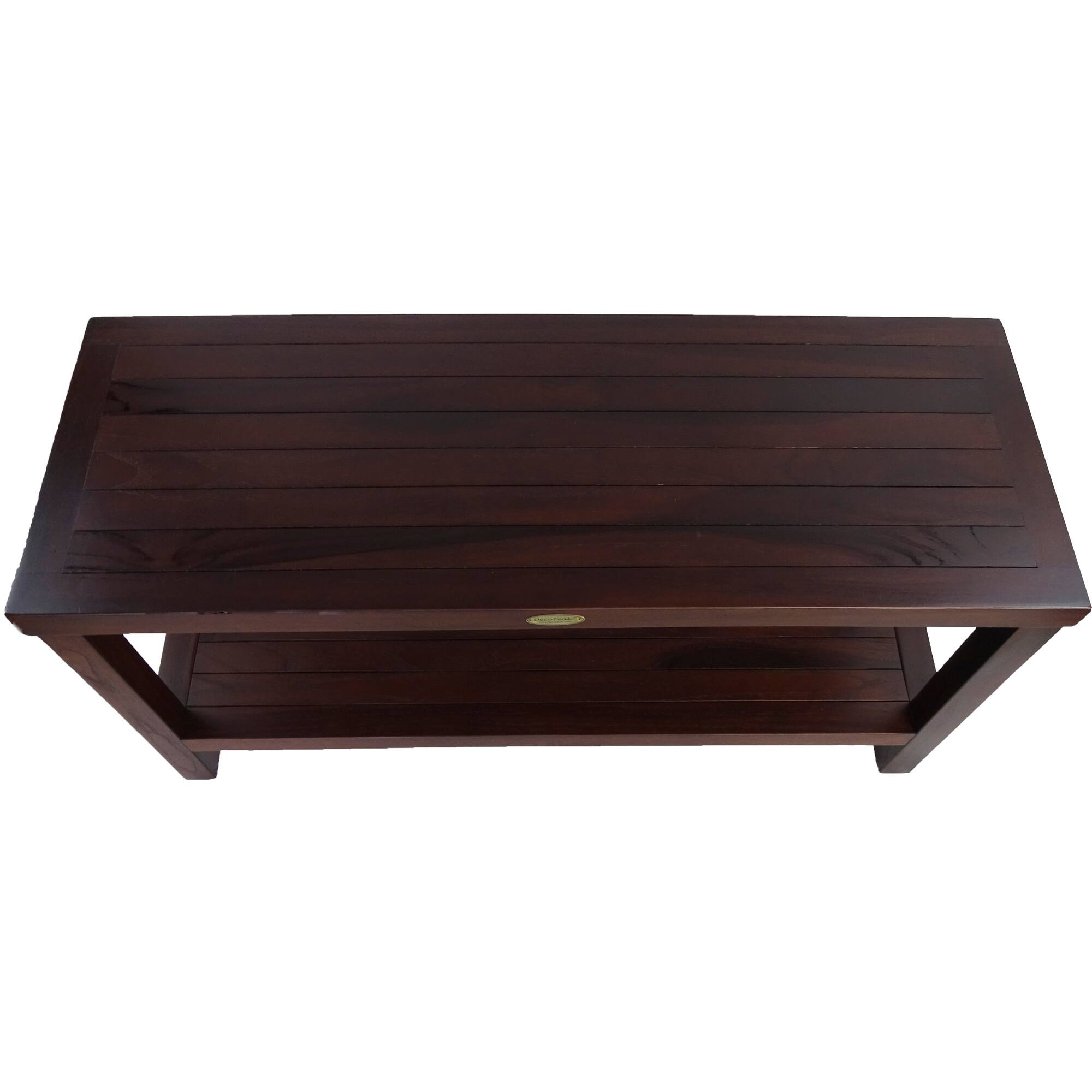 Left. DecoTeak - DecoTeak® Eleganto® 36" Teak Wood Shower Bench with Shelf in Woodland Brown Finish - Woodland Brown.