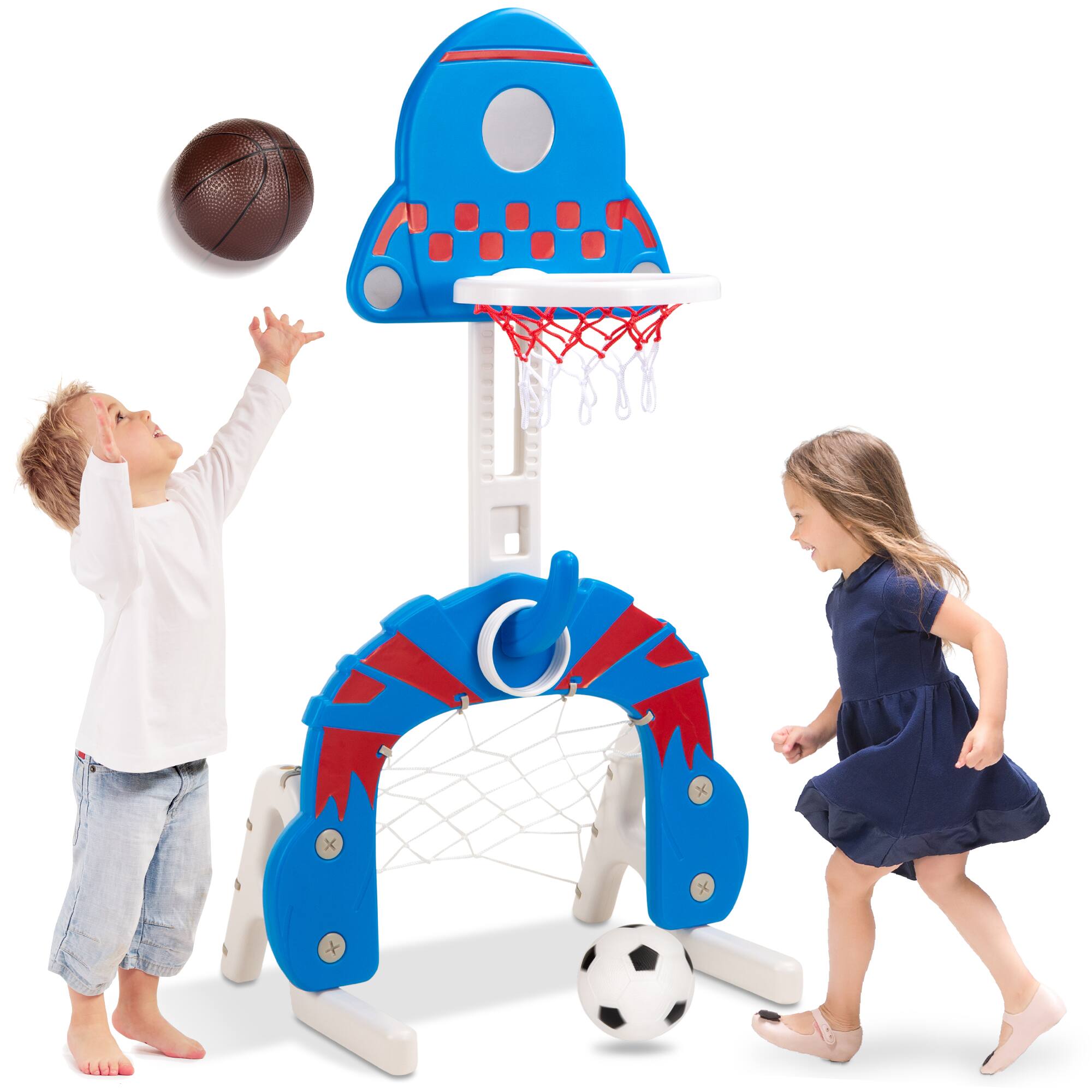 Front. Best Choice Products - Best Choice Products 3-in-1 Toddler Basketball Hoop Sports Activity Center Grow With Me Play Set w/ Soccer, Ring Toss - Blue with Ring Toss.