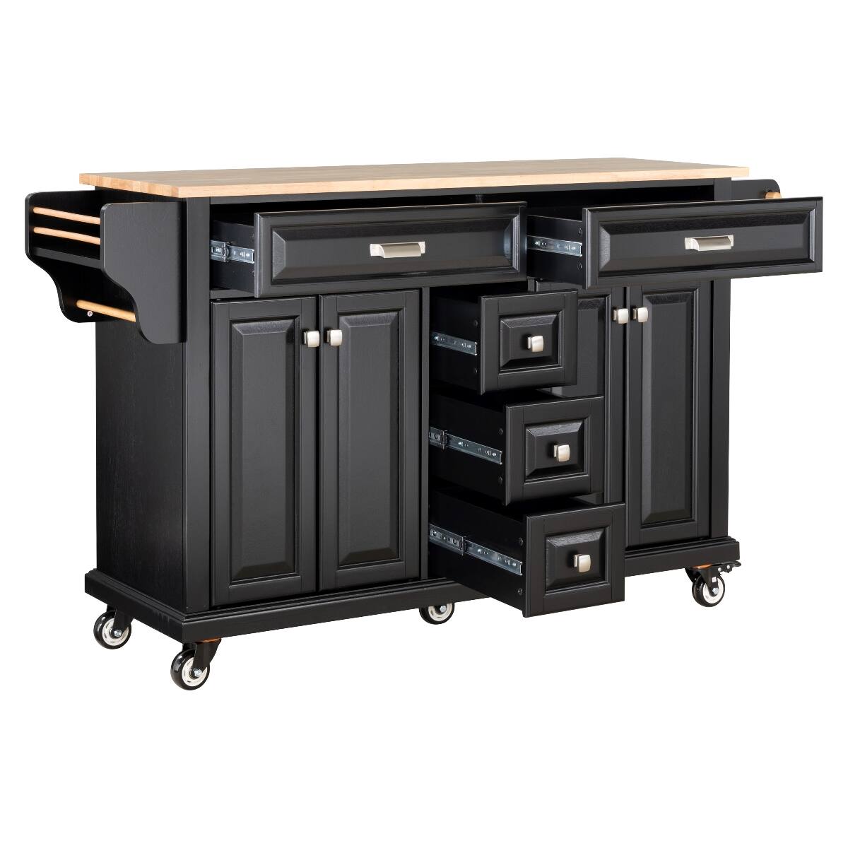 Back. Loheer - Loheer Black Kitchen Island with Storage Cabinet Rubberwood Countertop Kitchen Cart 5 Drawers Dining Room - Black.