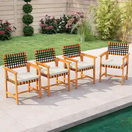Costway - Solid Acacia Wood Patio Chair Set of 4 with Padded Seat Cushion Washable Covers - Natural,Black