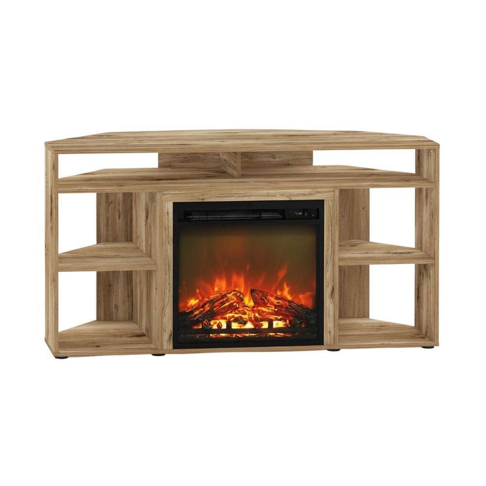 Alt View 3. FurniFact - Brown Corner TV Stand with Fireplace for 55-Inch Screens in Rustic Wood Finish - Brown.