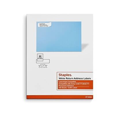 80 x 13 x 1 3/8" Staples White Return Address Labels
Laserjet Compatible
Compatible with Avery 5167, 8167
Permanent Adhesive
100 Sheets, 8,000 Labels
ST18056