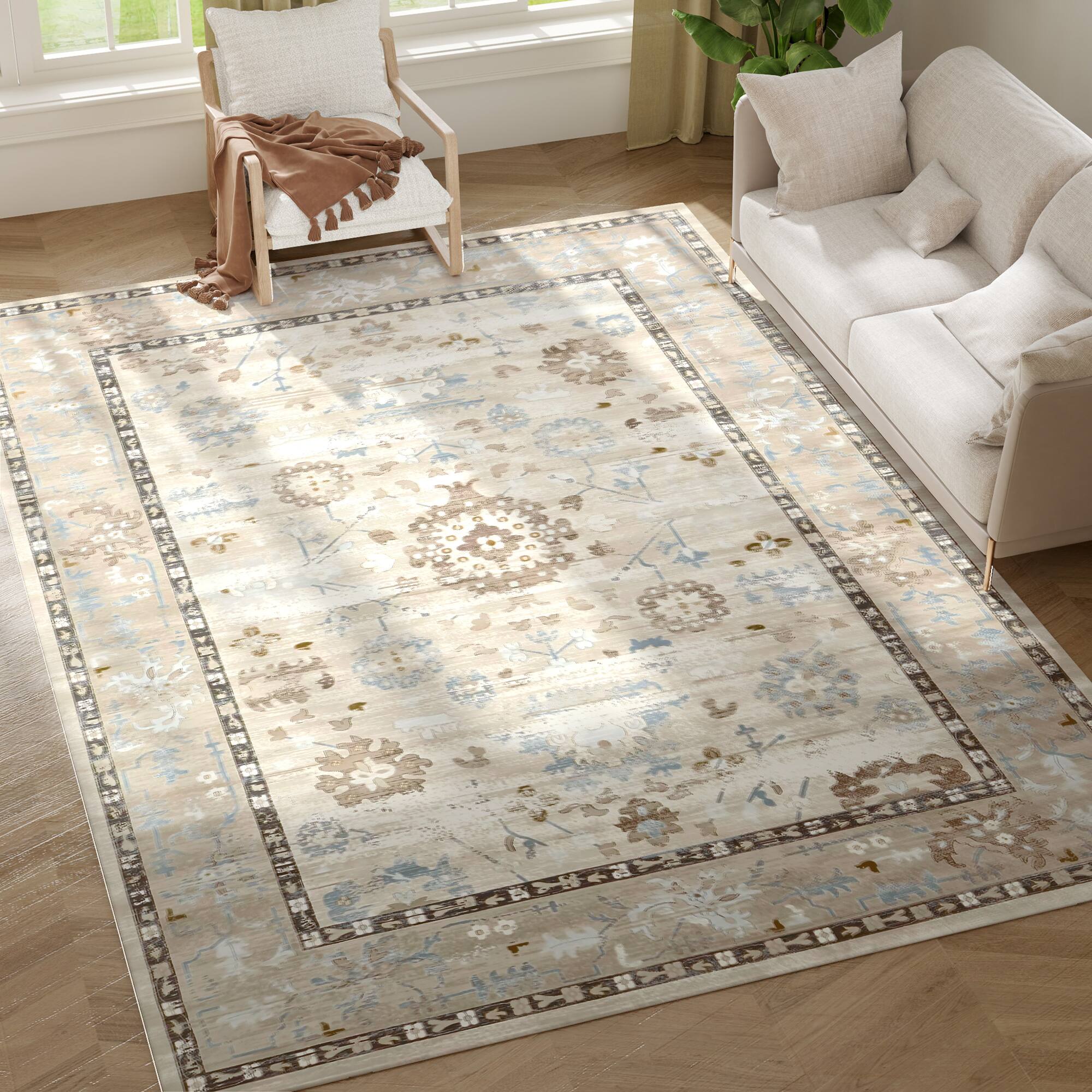 Homcom - 8x10 Indoor Rug: Mach-Wash Distress Medallion Boho Non-Slip Carpet, High Traffic - Blue