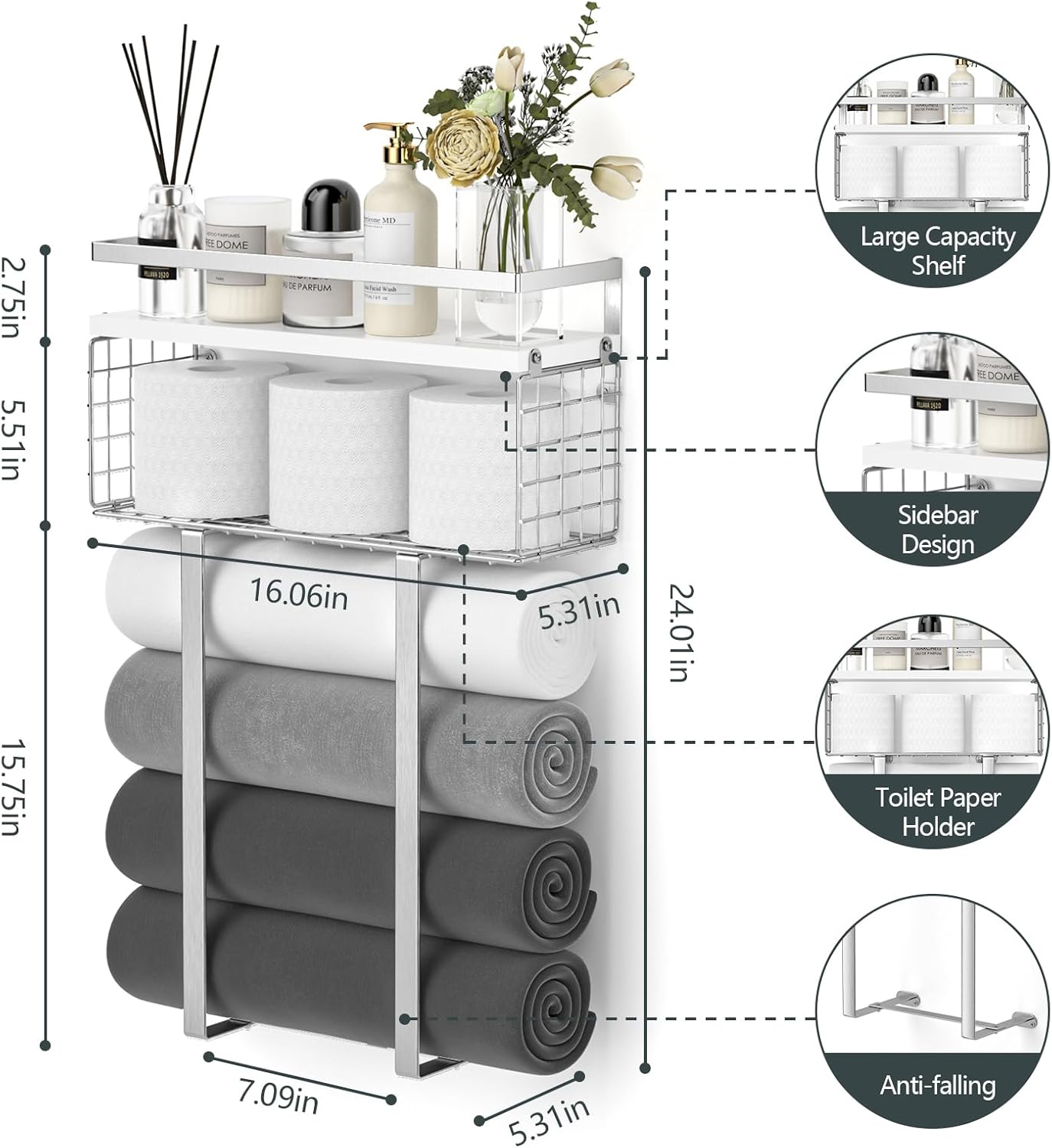 - 2.75in
- 5.51in
- 15.75in
- 16.06in
- 5.31in
- 24.01in
- 7.09in
- 5.31in

Features:
- Large Capacity Shelf
- Sidebar Design
- Toilet Paper Holder
- Anti-falling