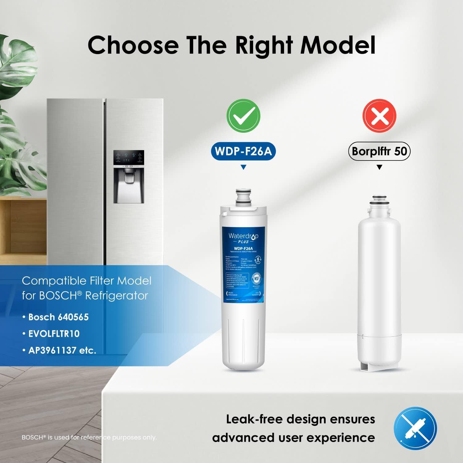 Choose The Right Model

Compatible Filter Model for BOSCH® Refrigerator
- Bosch 640565
- EVOLFLTR10
- AP3961137 etc.

WDP-F26A
Borplftr 50

Leak-free design ensures advanced user experience

BOSCH® is used for reference purposes only.