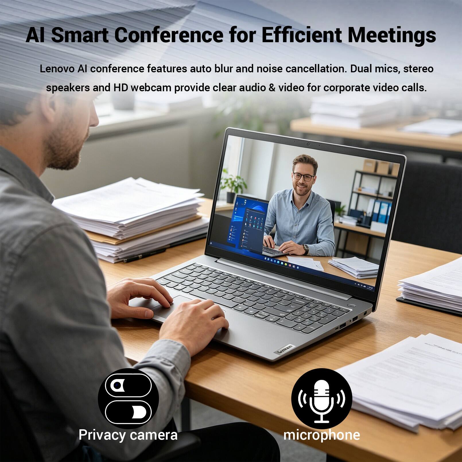 AI Smart Conference for Efficient Meetings

Lenovo AI conference features auto blur and noise cancellation. Dual mics, stereo speakers and HD webcam provide clear audio & video for corporate video calls.

Privacy camera microphone
