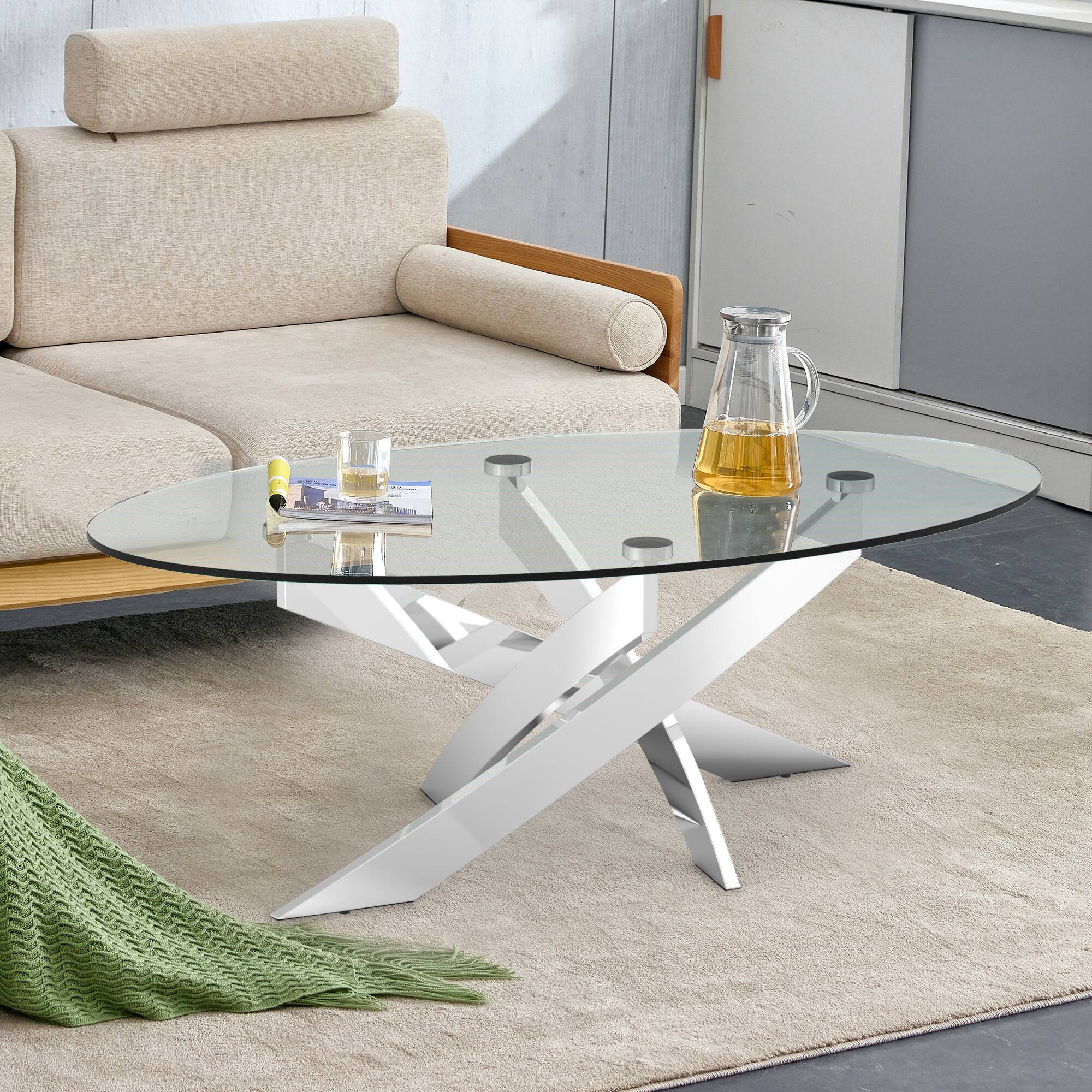 Alt View 1. Vaczon - Modern Round Glass Coffee Table Clear Tempered Glass Top, Stainless Steel Criss-Cross Base, Coffee Table for Living Room - Chrome.