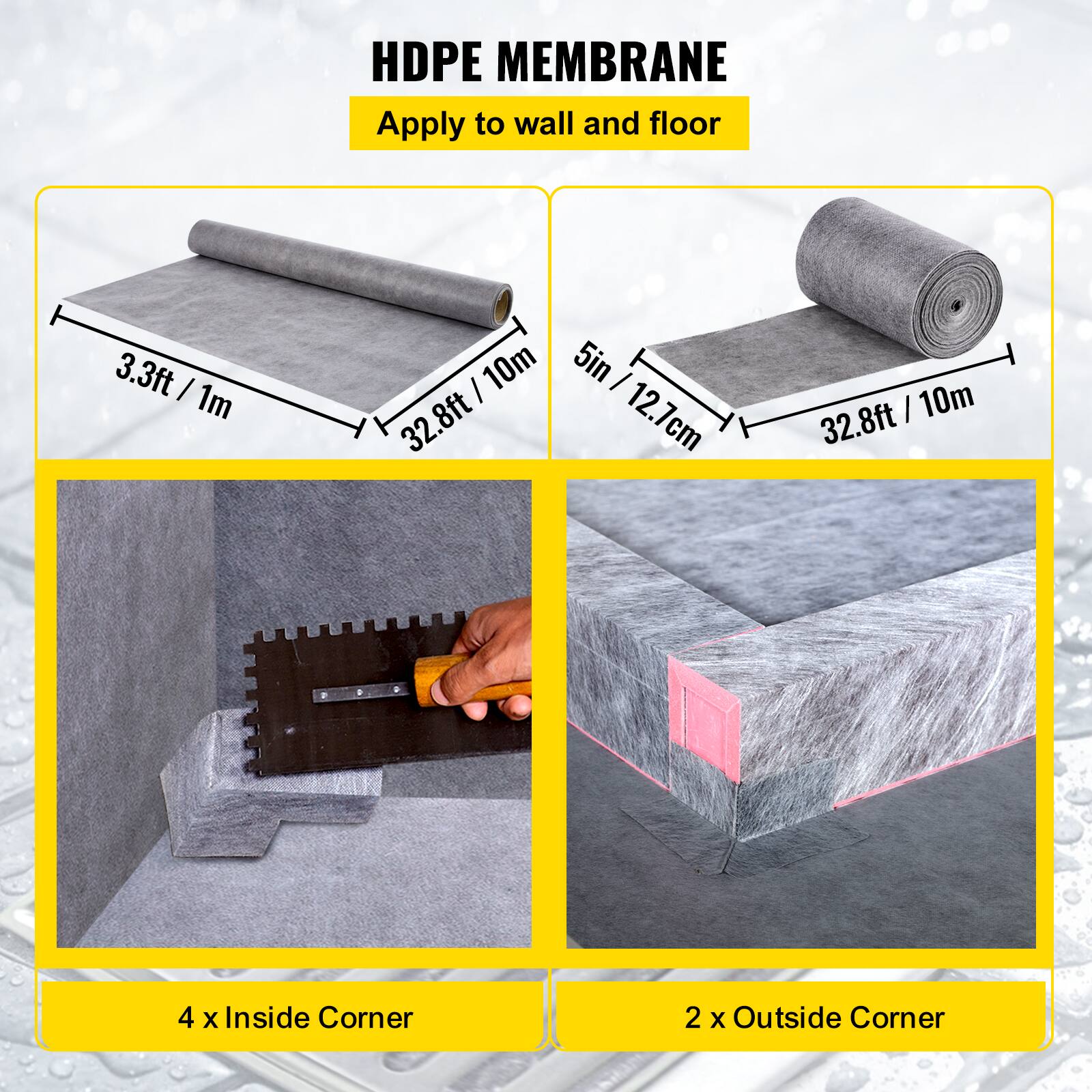 HDPE MEMBRANE  
Apply to wall and floor  

3.3ft / 1m  
32.8ft / 10m  
5in / 12.7cm  

4 x Inside Corner  
2 x Outside Corner