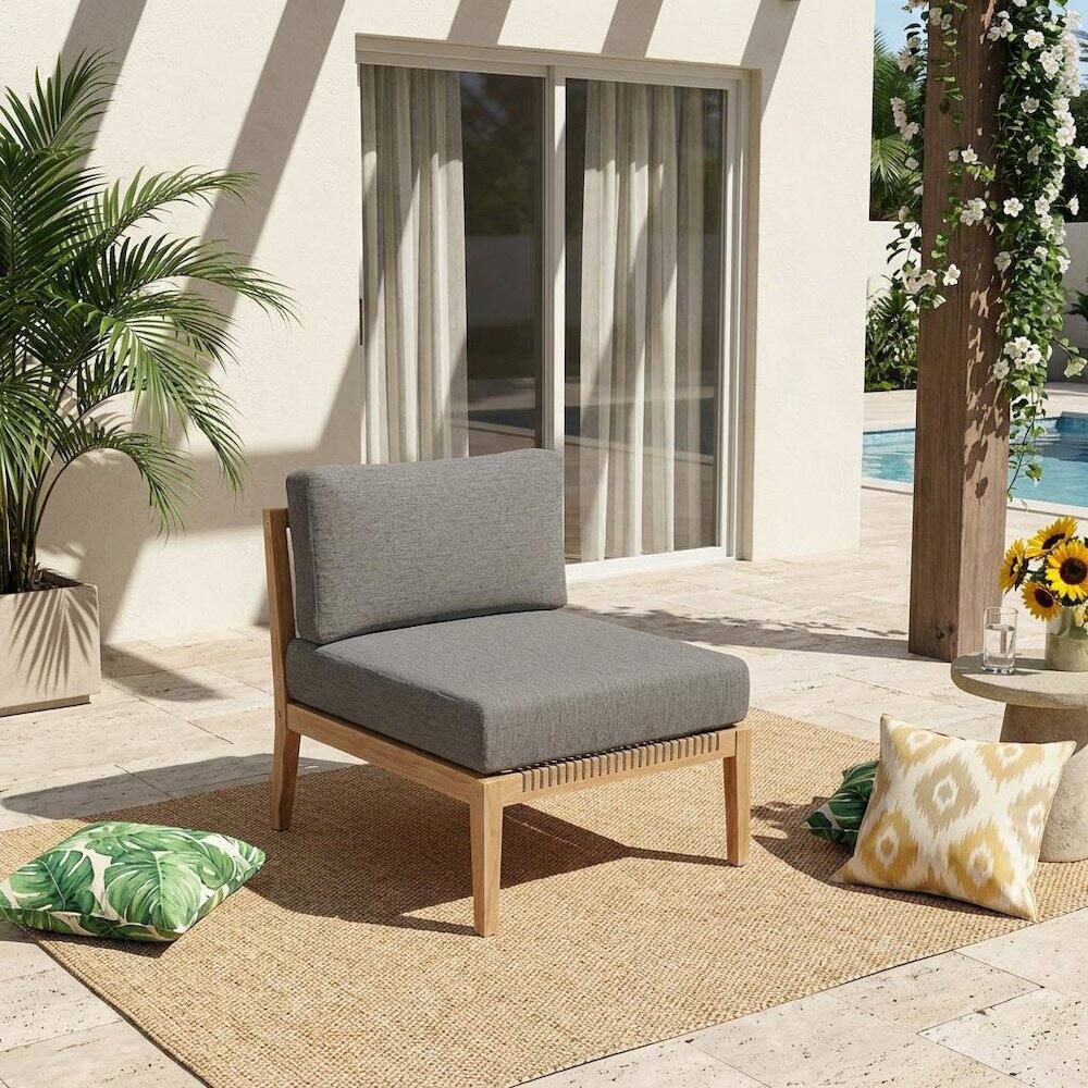 Angle. Outdoor Escape - Teak Wood Outdoor Lounge Chair With Armless Design And Comfortable Cushions - Gray.
