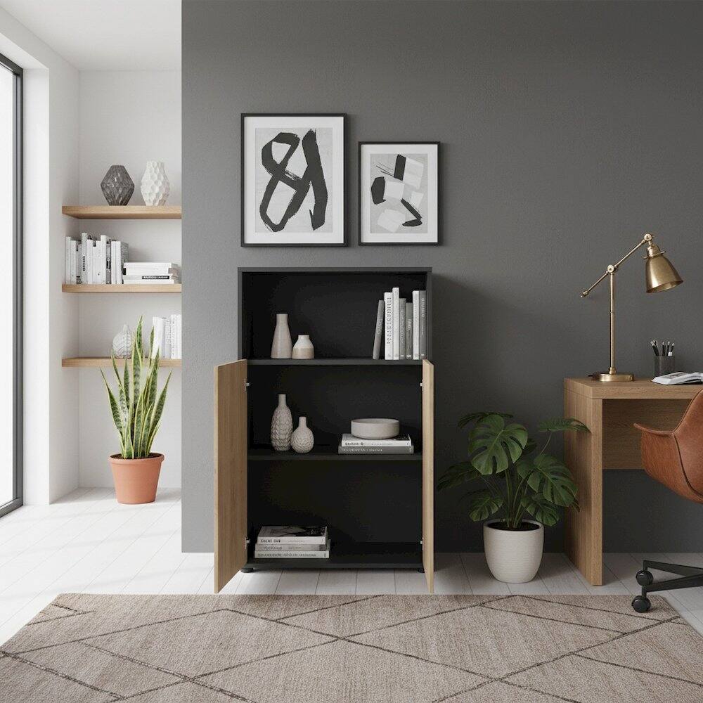 Angle. FurniFact - Bookcase with 3 Shelves and 2 Doors for Home or Office Storage - Gray.