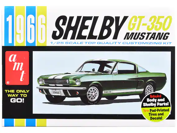 1966
SHELBY GT-350 MUSTANG
1/25 SCALE TOP QUALITY CUSTOMIZING KIT
a m t
THE ONLY WAY TO GO!
Retooled Body and Shelby Parts!
New Pad-Printed Tires and Decals!