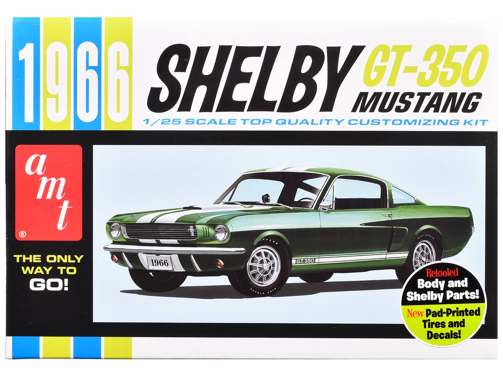 1966  
SHELBY GT-350 MUSTANG  
1/25 SCALE TOP QUALITY CUSTOMIZING KIT  

a m t  
THE ONLY WAY TO GO!  

Retooled Body and Shelby Parts!  
New Pad-Printed Tires and Decals!