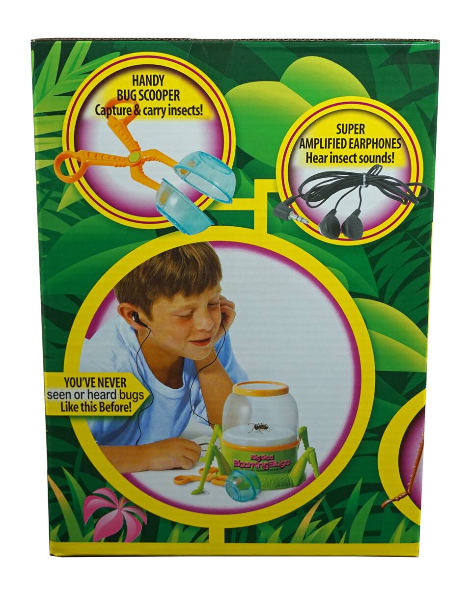 HANDY BUG SCOOPER  
Capture & carry insects!  

SUPER AMPLIFIED EARPHONES  
Hear insect sounds!  

YOU'VE NEVER seen or heard bugs Like this Before!  

Bug Scoop Booming Bugs