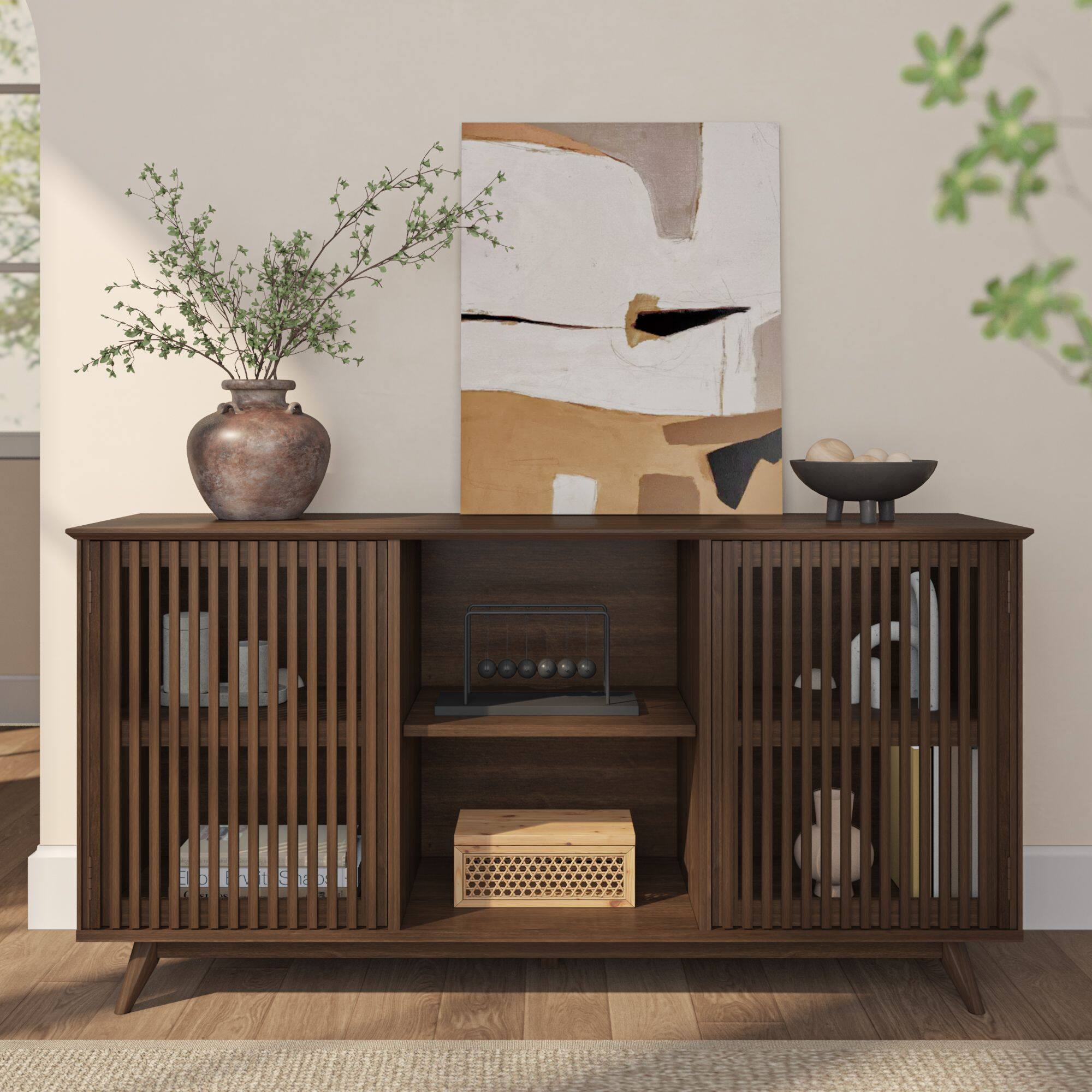 Alt View 9. Plank+Beam - Mid-Century Modern Sideboard/TV Stand|| 2 Door w/ Middle Shelf  (1495 x 406 x 762mm / 59 x 16 x 30in)|| Walnut - Walnut.