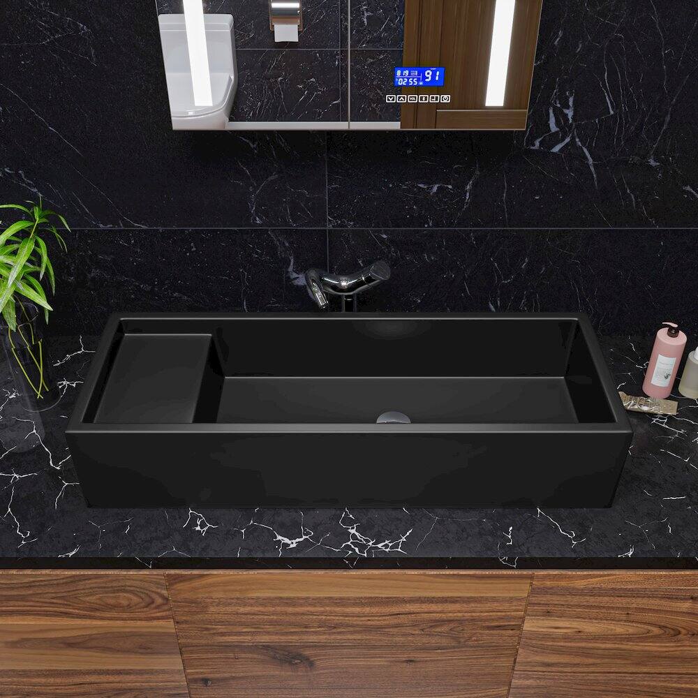 Left. Alfi - 39" Black Matte Above Mount Fireclay Bathroom Trough Sink - Black.