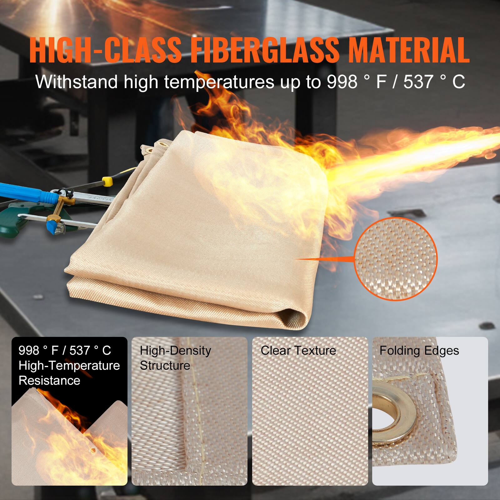 HIGH-CLASS FIBERGLASS MATERIAL  
Withstand high temperatures up to 998 °F / 537 °C  

998 °F / 537 °C  
High-Temperature Resistance  

High-Density Structure  

Clear Texture  

Folding Edges