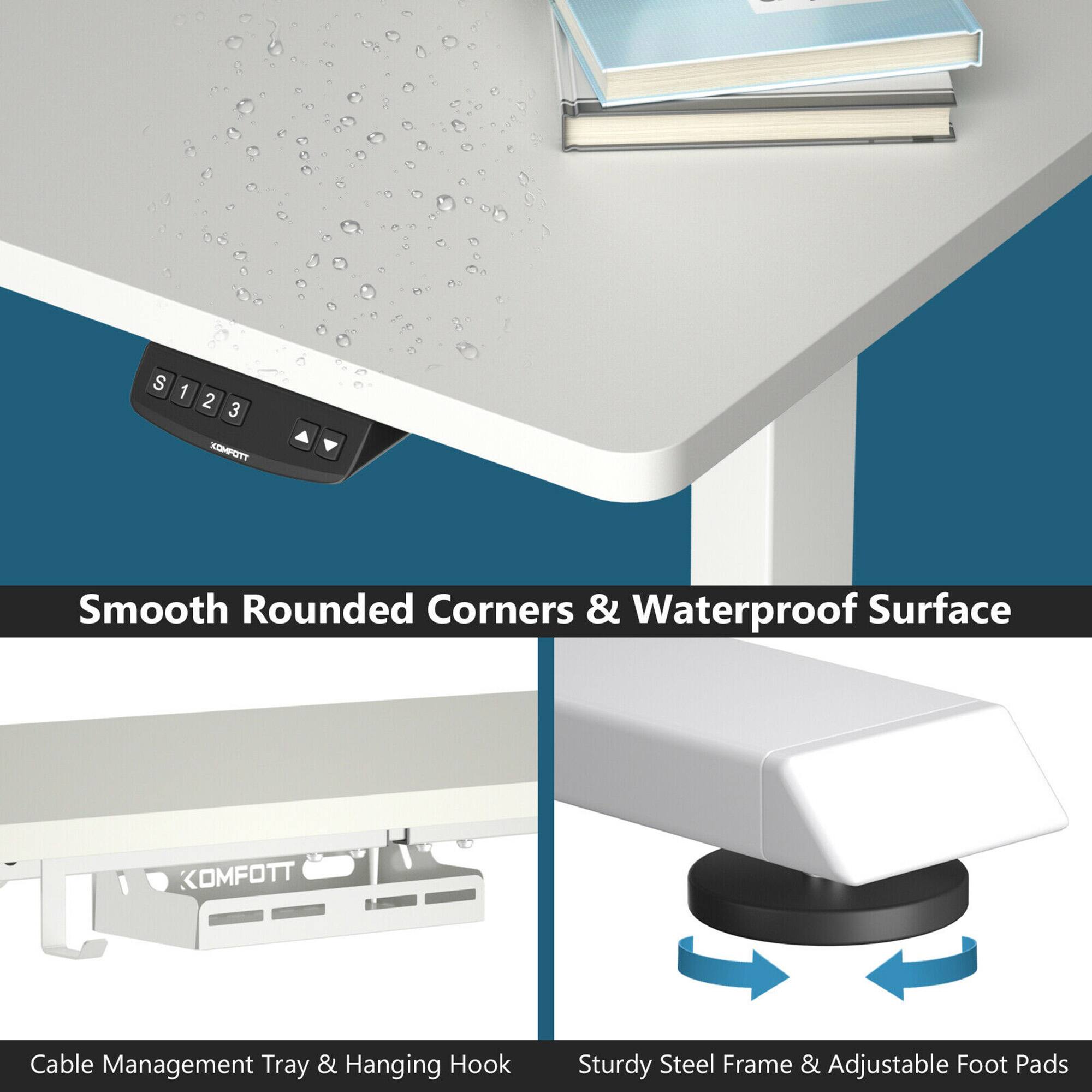 Sure, here is the corrected and grouped text:

---

**Smooth Rounded Corners & Waterproof Surface**

**Cable Management Tray & Hanging Hook**

**Sturdy Steel Frame & Adjustable Foot Pads**

---

**S 1 2 3**

**KOMFOTT**