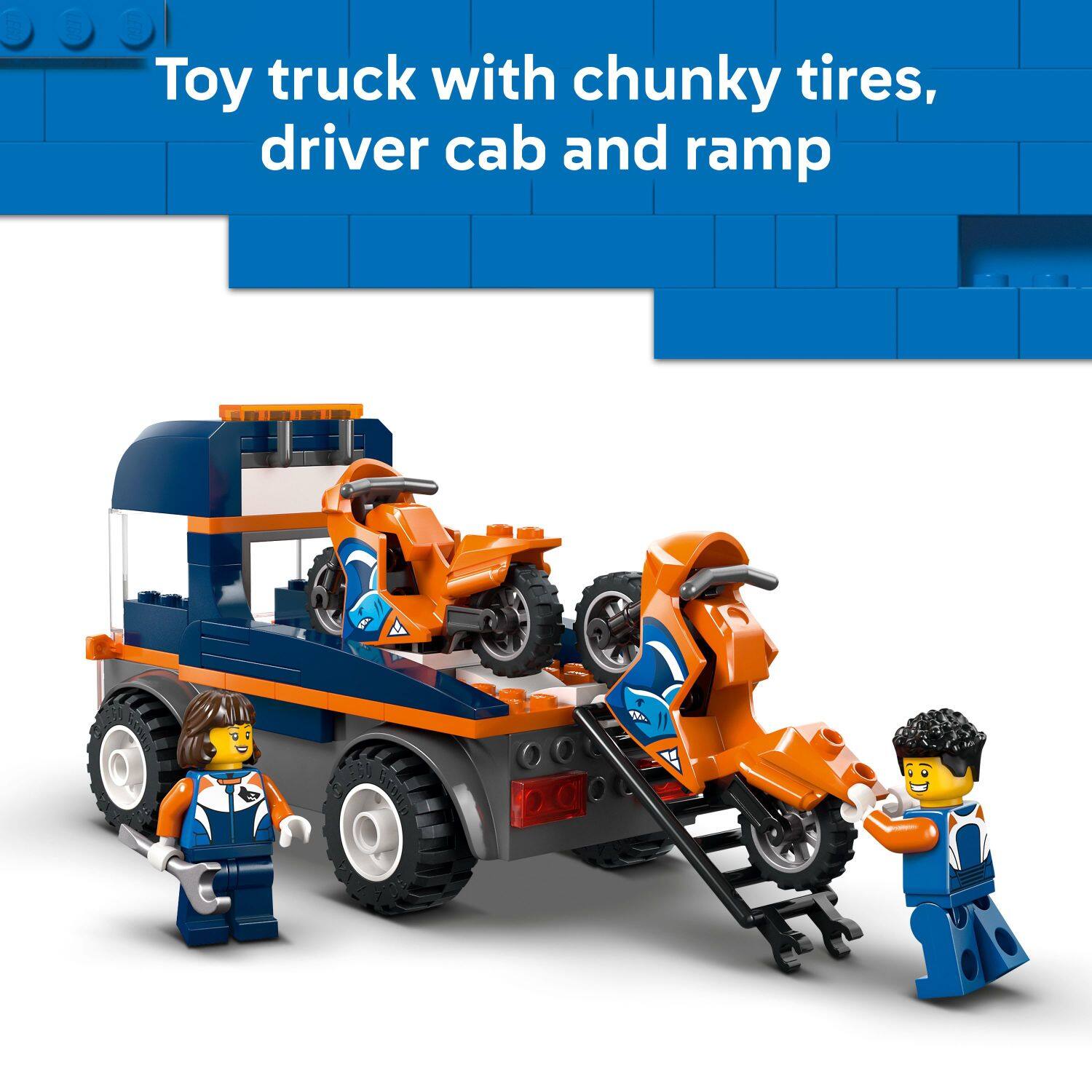 Toy truck with chunky tires, driver cab and ramp