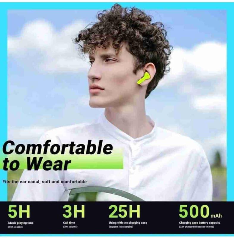 Comfortable to Wear  
Fits the ear canal, soft and comfortable  

5H Music playing time (50% volume)  
3H Call time (70% volume)  
25H Using with the charging case (support fast charging)  
500 mAh Charging case battery capacity (Can charge the headset 4 times)