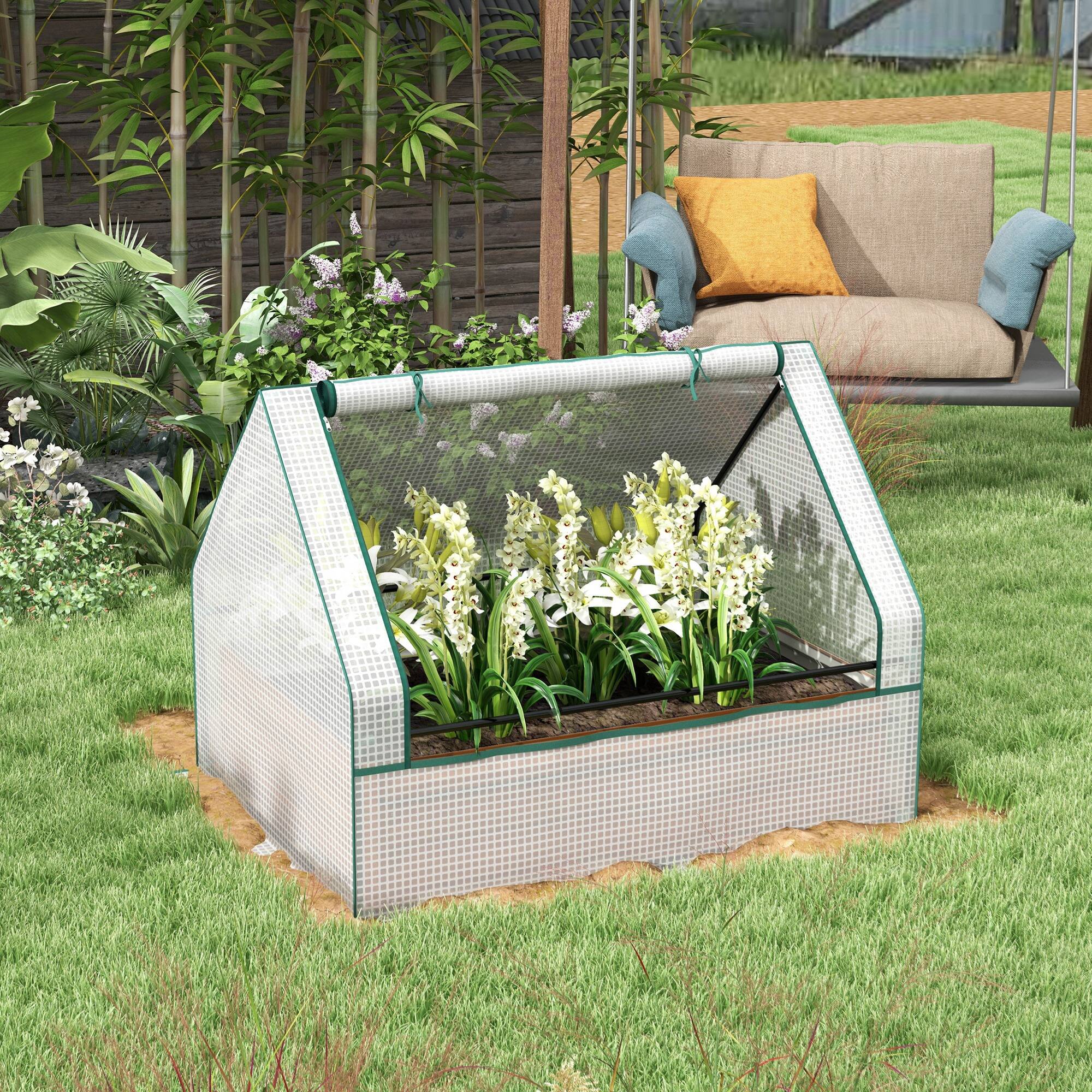 Alt View 1. Outsunny - Raised Garden Bed, Outdoor Metal Planter Box with Mini Greenhouse - White and Brown.