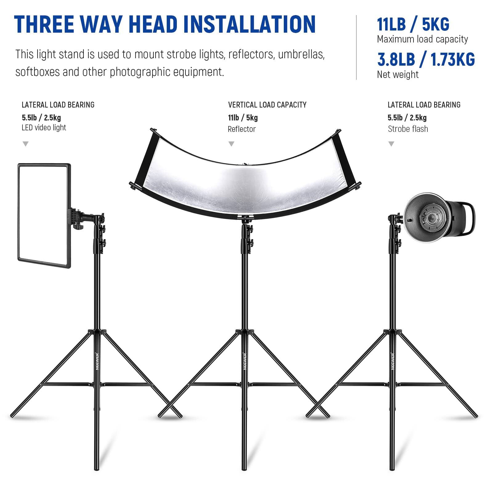 **THREE WAY HEAD INSTALLATION**

This light stand is used to mount strobe lights, reflectors, umbrellas, softboxes and other photographic equipment.

**LATERAL LOAD BEARING**
- 5.5lb / 2.5kg
  - LED video light

**VERTICAL LOAD CAPACITY**
- 11lb / 5kg
  - Reflector

**LATERAL LOAD BEARING**
- 5.5lb / 2.5kg
  - Strobe flash

**11LB / 5KG**
- Maximum load capacity

**3.8LB / 1.73KG**
- Net weight