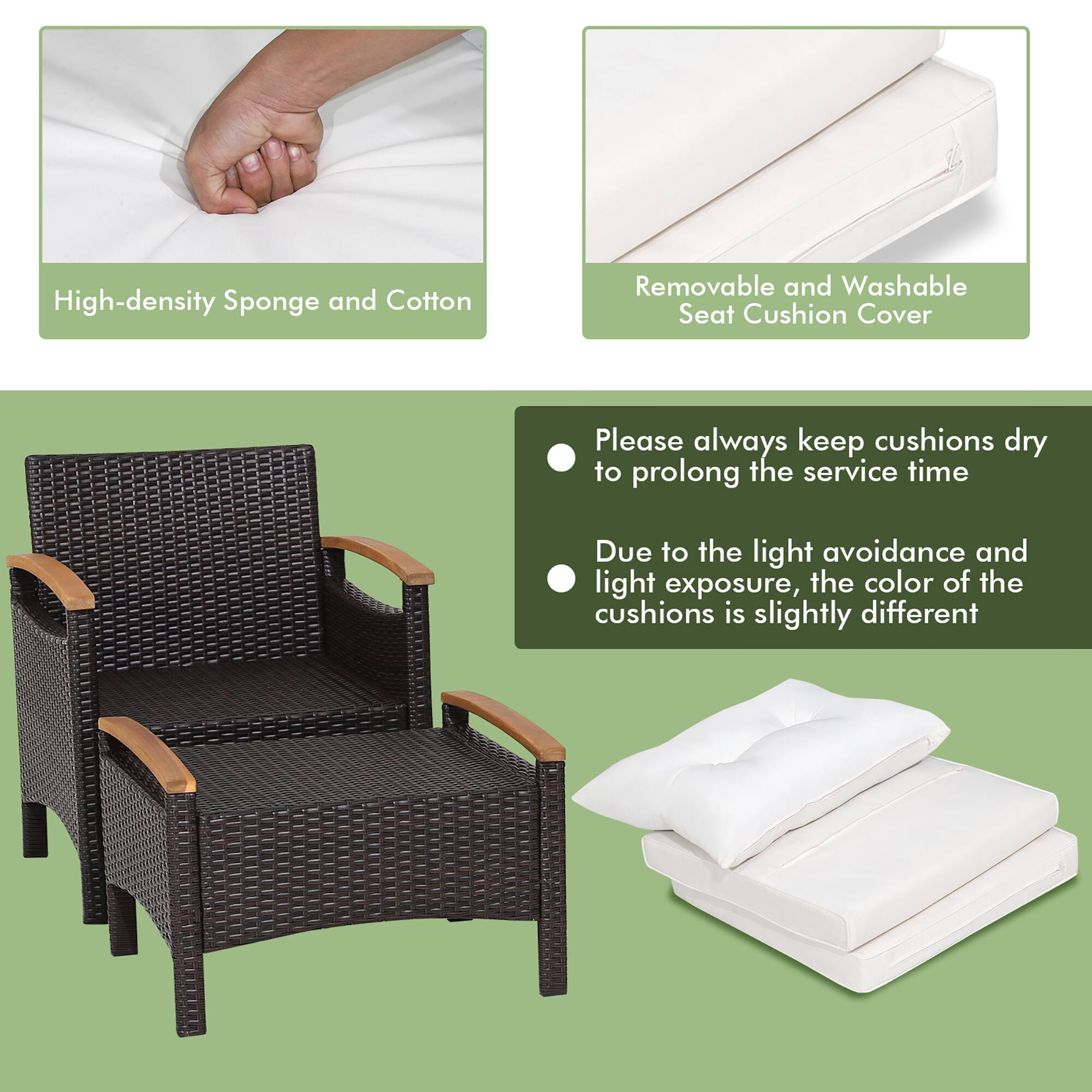 High-density Sponge and Cotton, Removable and Washable Seat Cushion Cover, Please always keep cushions dry to prolong the service time, Due to the light avoidance and light exposure, the color of the cushions is slightly different