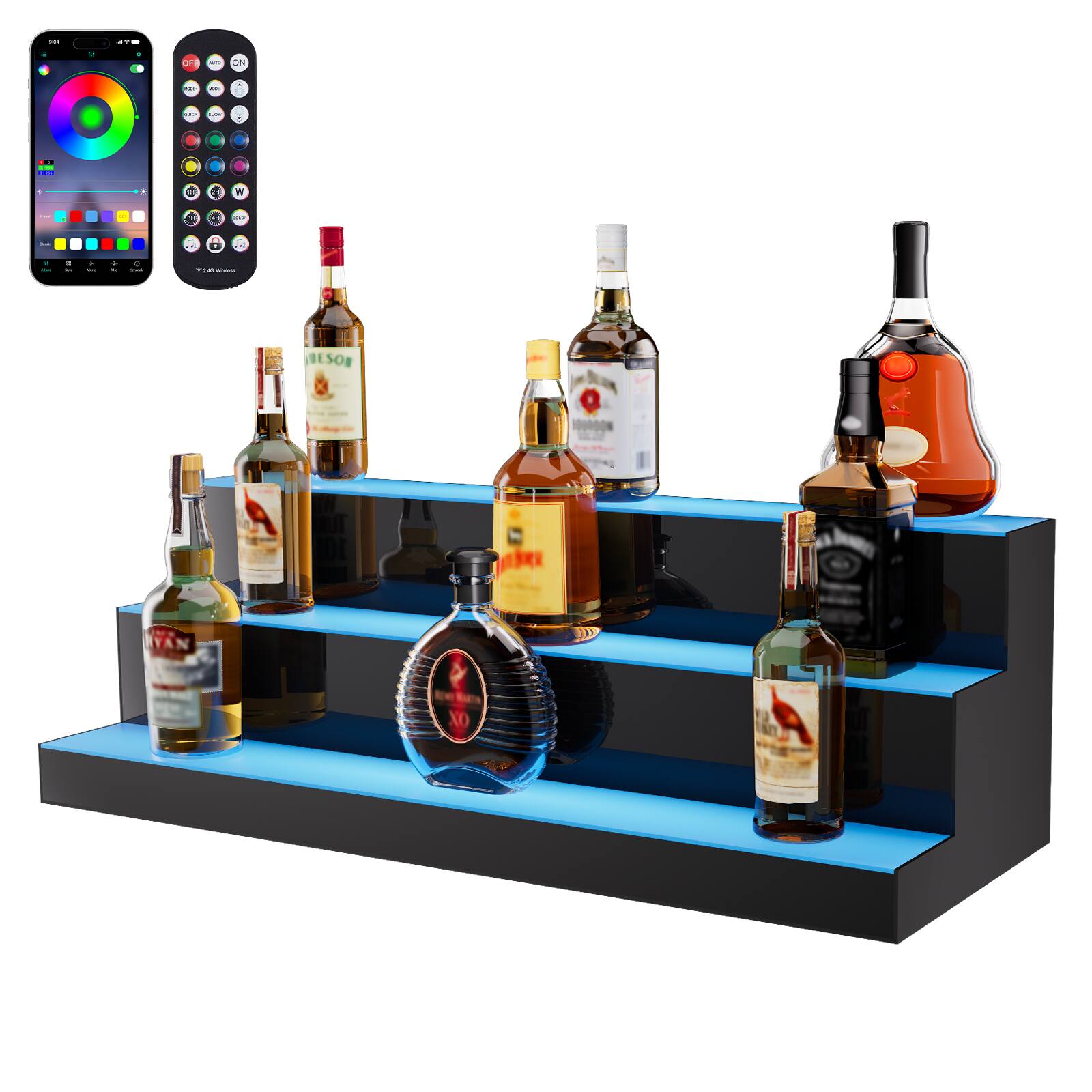 VEVOR - LED Lighted Liquor Bottle Display, 3 Tiers 30 Inch Commercial Illuminated Home Bar Shelf, 3 Steps Whiskey Rack Stand - Transparent