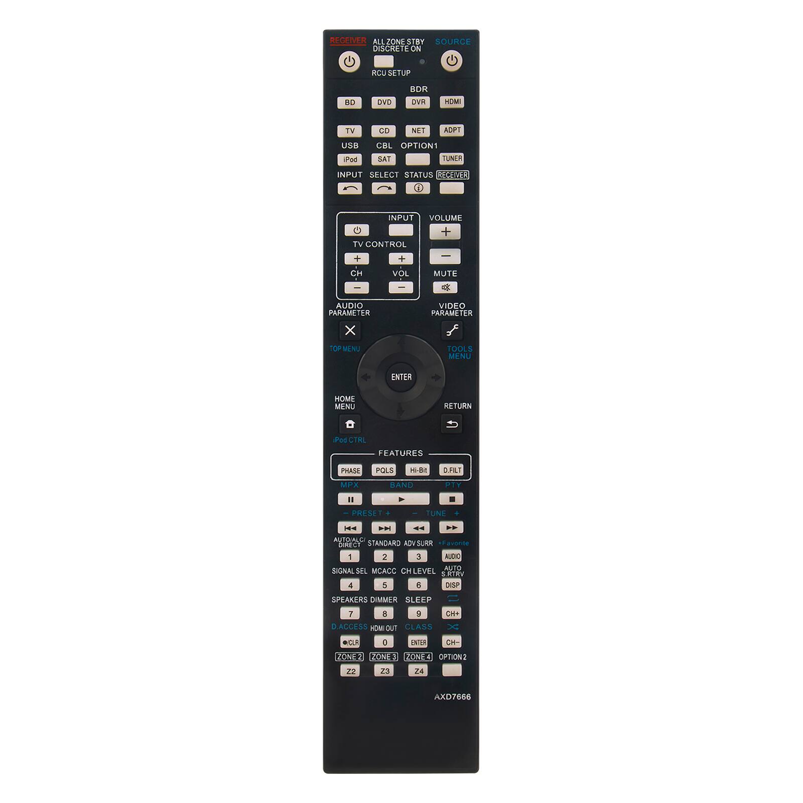 RECEIVER  
ALL ON  
STRY SOURCE  
DISCHETE ON  
ACU SETUP  
DVD  
BD  
DVR  
HDMI  
TV  
CD  
NET  
ADAPT  
OPTION1  
TUNER  
STATUS  
RECEIVER  
RCUSET  
TV CONTROL  
CH  
VOL  
MUTE  
AUDIO PARAMETER  
VIDEO PARAMETER  
TOP MENU  
TOOLS MENU  
ENTER  
HOME MENU  
RETURN  
PHASE  
POLS  
MPX  
BAND  
PTY  
TUNE  
ADVSURR  
FAVORITE  
1  
2  
3  
4  
5  
6  
7  
8  
9  
0  
SIGNAL SEL  
MCACC  
SPEAKERS  
DIMMER  
SLEEP  
ACCESS  
IOM OUT  
CLASS  
CH+  
CH-  
ZONE2  
ZONE3  
Z2  
Z3  
AXD7666