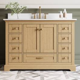 WELLFOR - LVD 48 in. Solid Wood Single Sink Freestanding Bath Vanity with Culutered Marble Top, Assembled - OAK