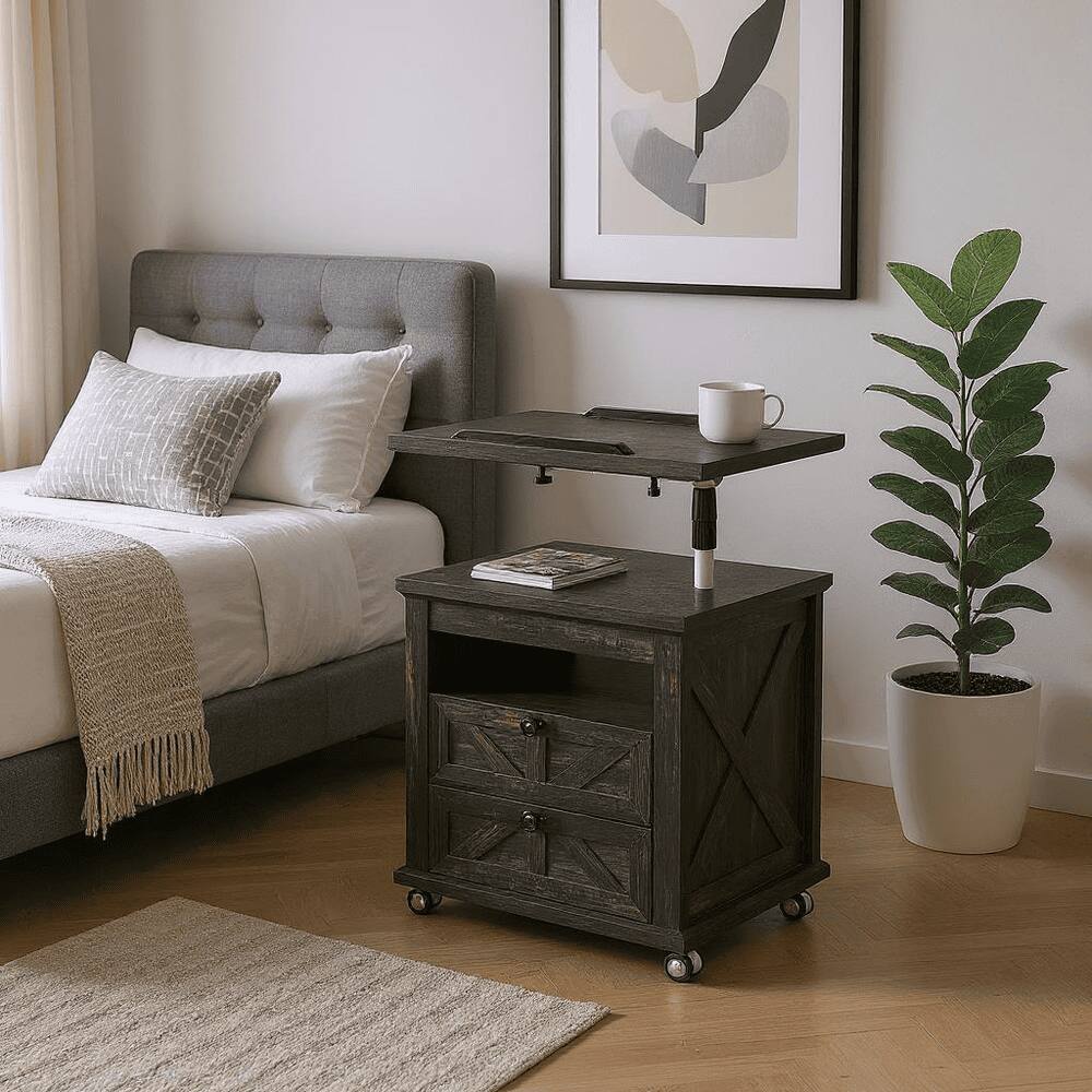 Angle. Kadyn - Kadyn Lift Top Desk Cart, Mobile Rolling Table, Wood Storage Cabinet with Drawers, Height Utility Cart, Dark Wood Grain - Gray.