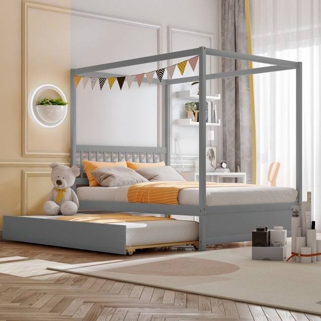Back. Hivvago - Gray Full Size Canopy Platform Bed with Twin Roller Trundle Bed - Grey.