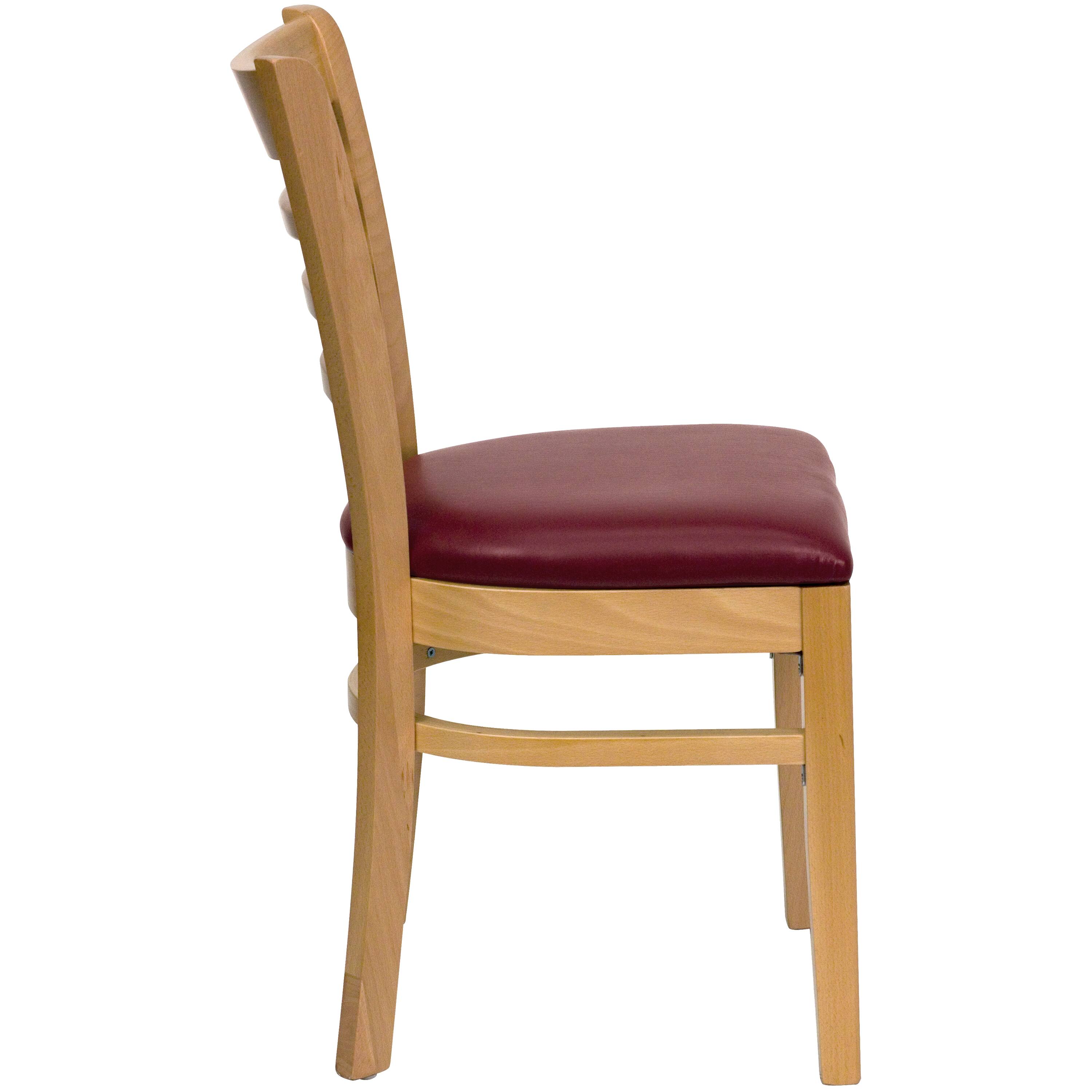 Alt View 4. Emma + Oliver - Ladder Back Wooden Restaurant Dining Chair - Burgundy Vinyl Seat/Natural Wood Frame.