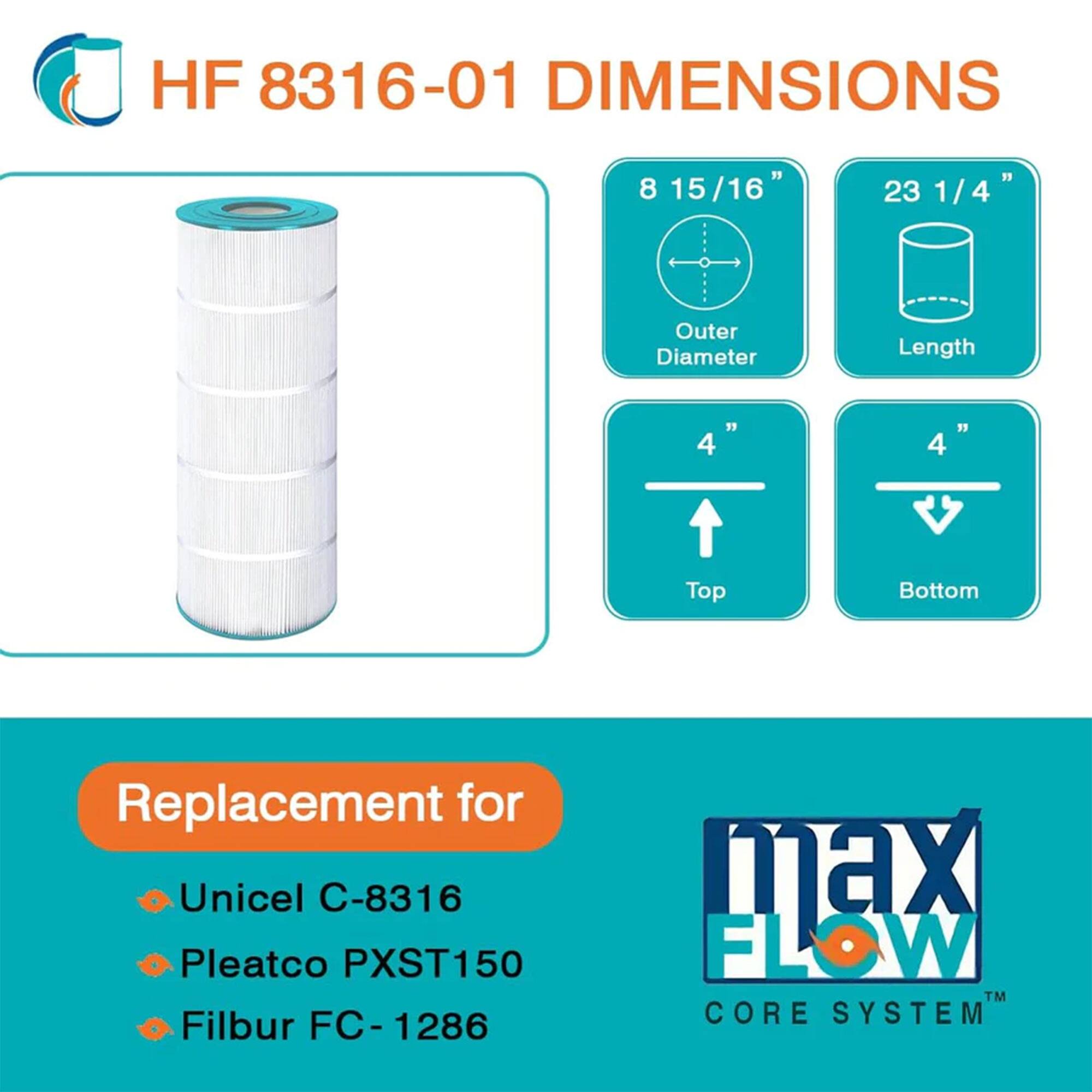 HF 8316-01 DIMENSIONS

- Outer Diameter: 8 15/16"
- Length: 23 1/4"
- Top: 4"
- Bottom: 4"

Replacement for:
- Unicel C-8316
- Pleatco PXST150
- Filbur FC-1286

max FLOW CORE SYSTEM™