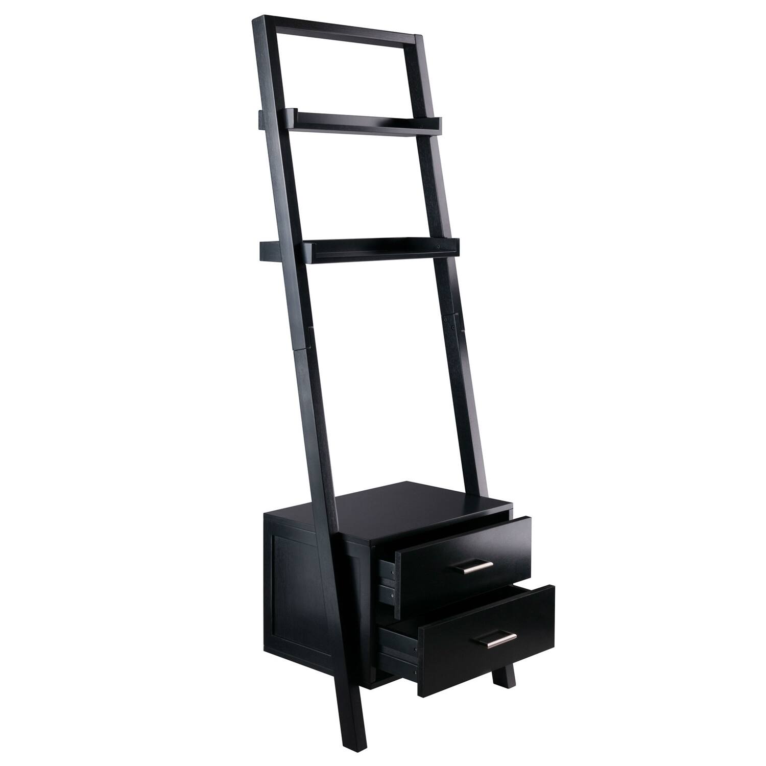 Left. SlickBlue - 2-Drawer Ladder Bookcase with Entryway Shelf, Modern Leaning Design - Black.