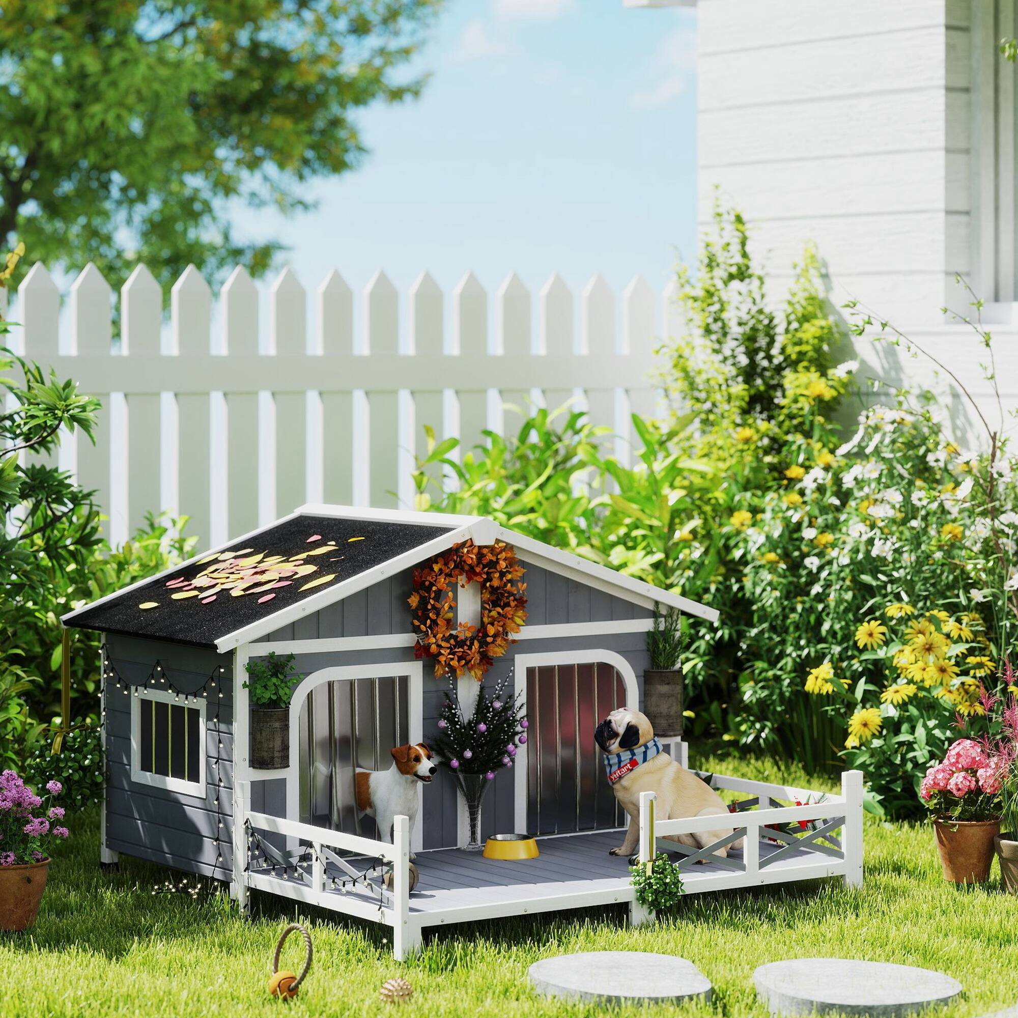 Angle. Pawhut - Dog House Outdoor, Wooden, Double Room, Openable Roof, Removable Bottom, Small to Medium Dogs.