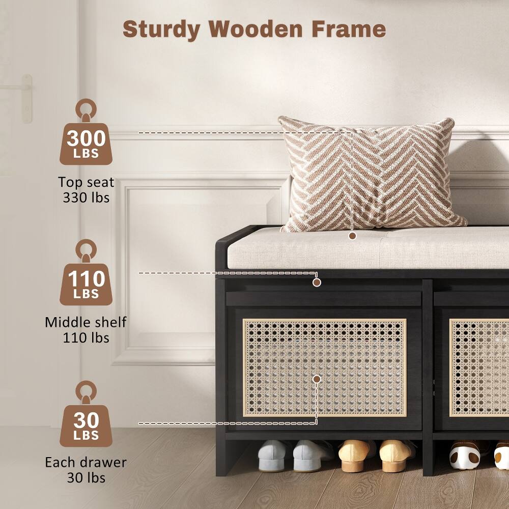 Sturdy Wooden Frame

300 LBS
Top seat 330 lbs

110 LBS
Middle shelf 110 lbs

30 LBS
Each drawer 30 lbs