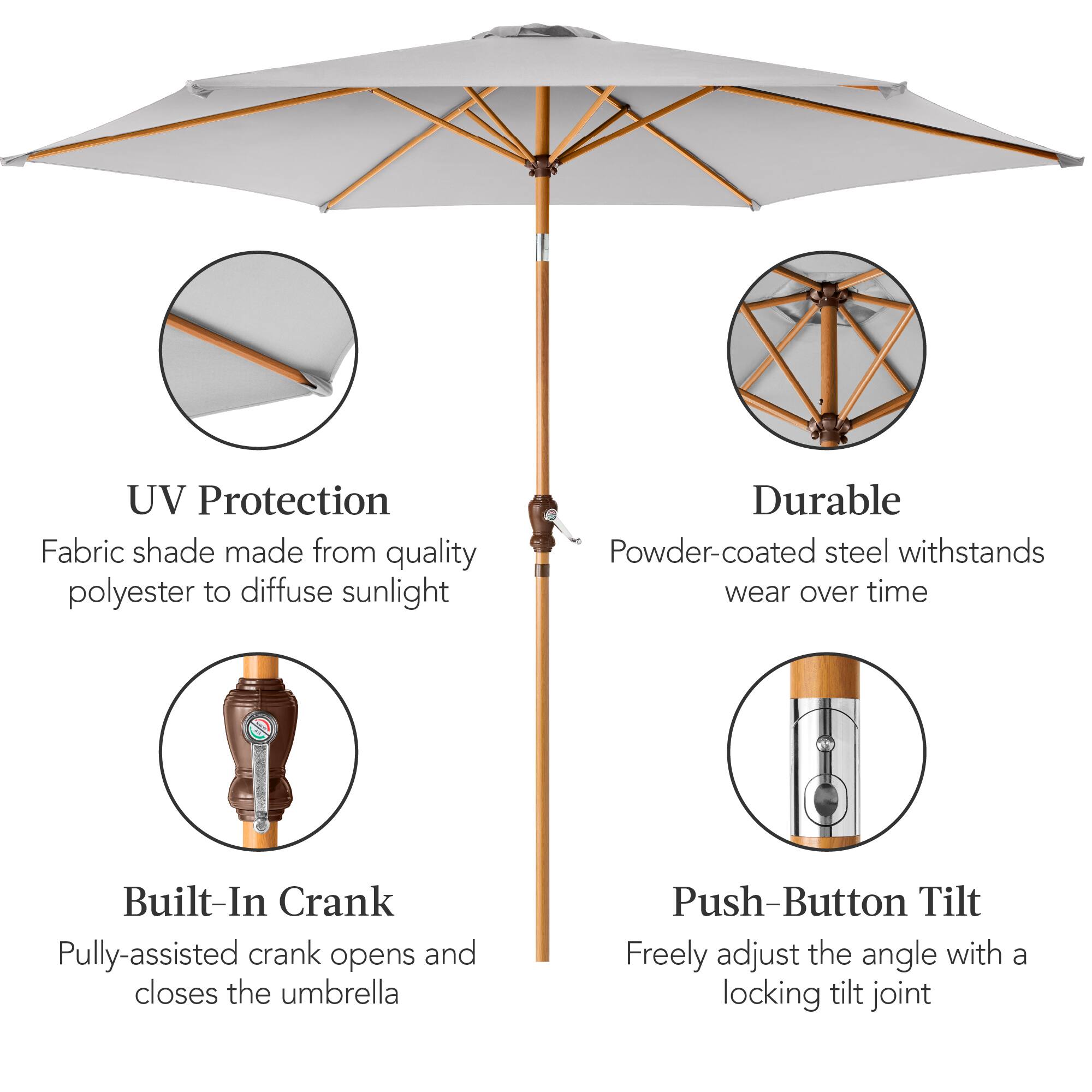 UV Protection: Fabric shade made from quality polyester to diffuse sunlight.

Durable: Powder-coated steel withstands wear over time.

Built-In Crank: Pulley-assisted crank opens and closes the umbrella.

Push-Button Tilt: Freely adjust the angle with a locking tilt joint.